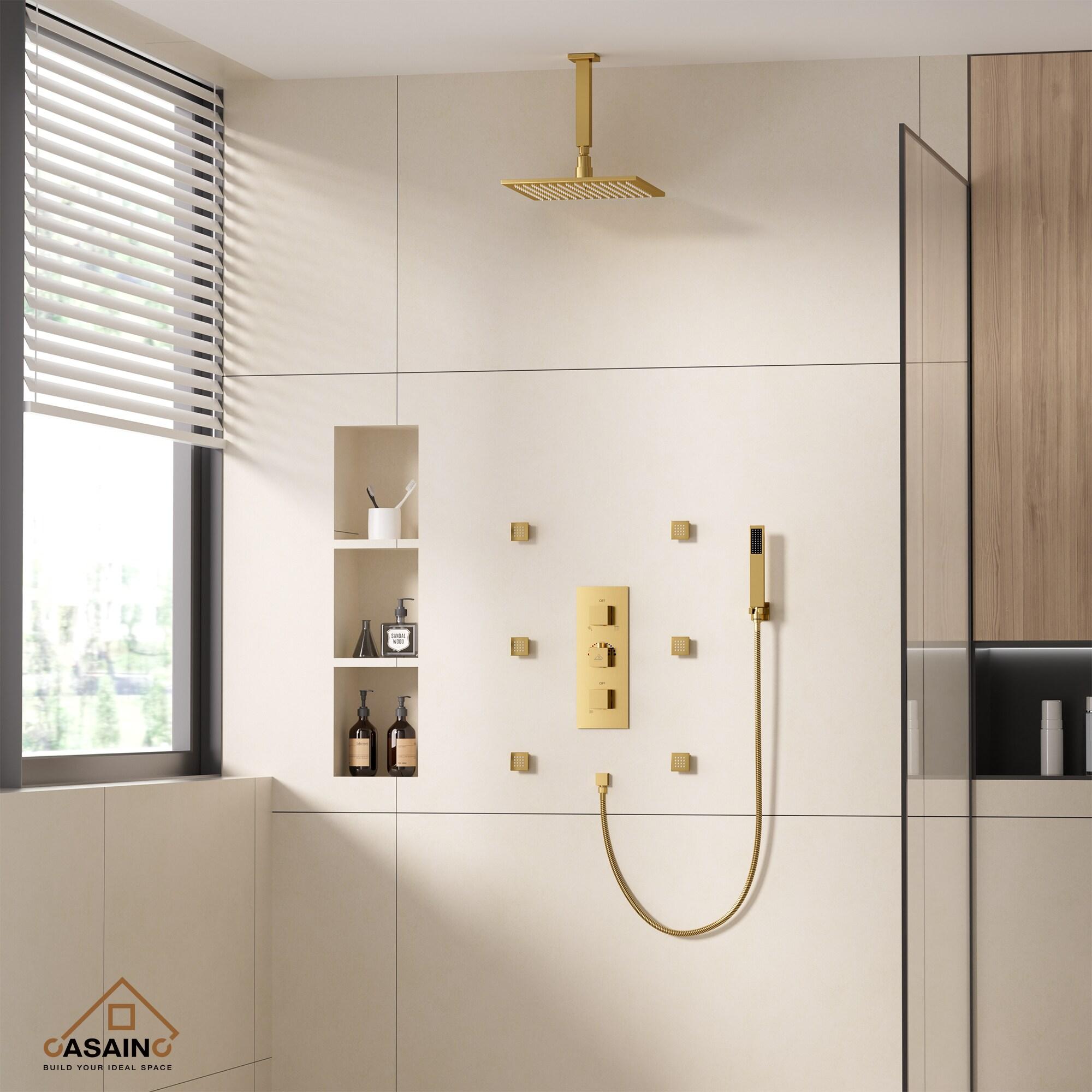 CASAINC LED Thermostatic Dual Shower Heads Ceiling Mount Fixed and Handheld Shower Head