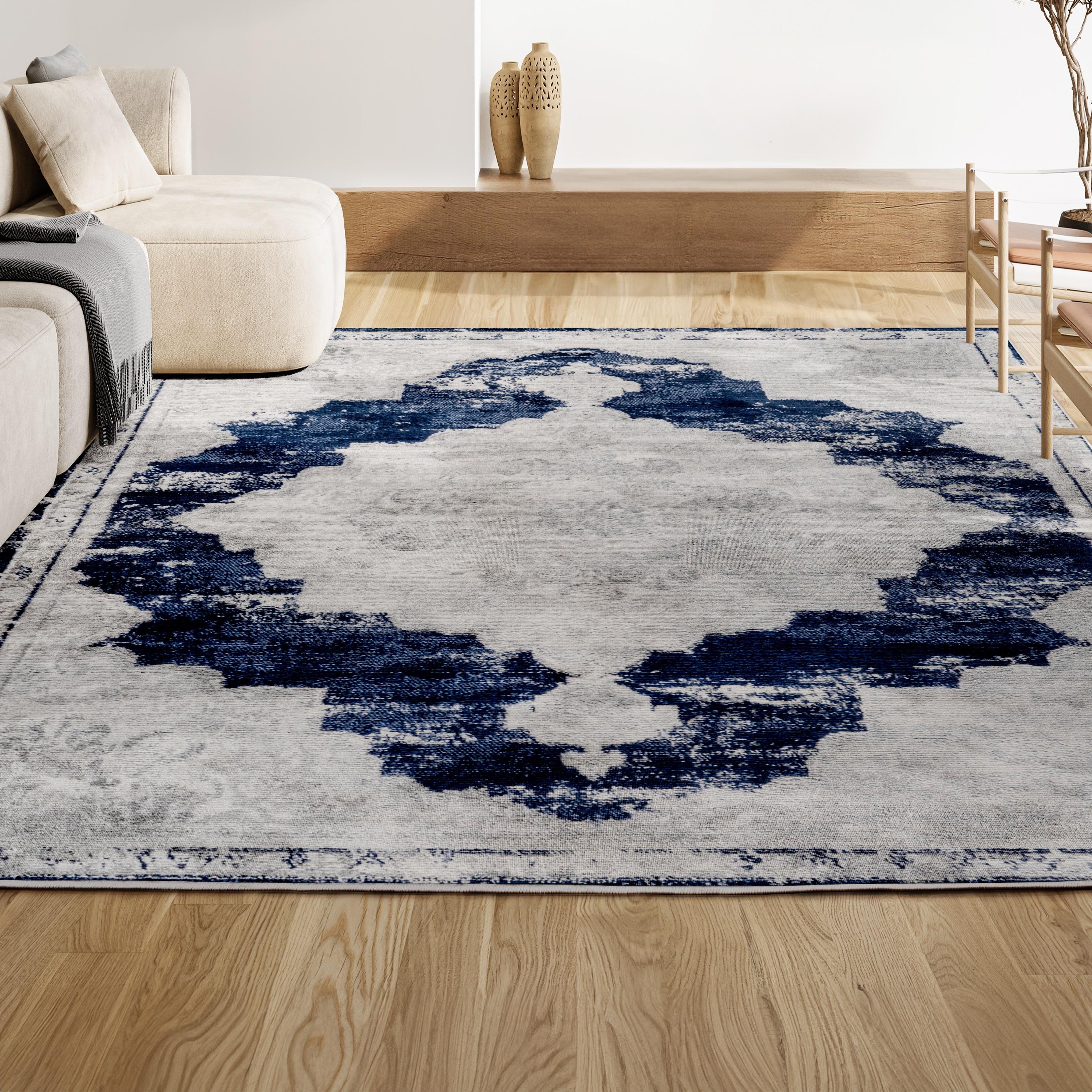 8'x10' Alhambra Ornate Medallion Modern Area Rug, Ivory/Navy - JONATHAN Y