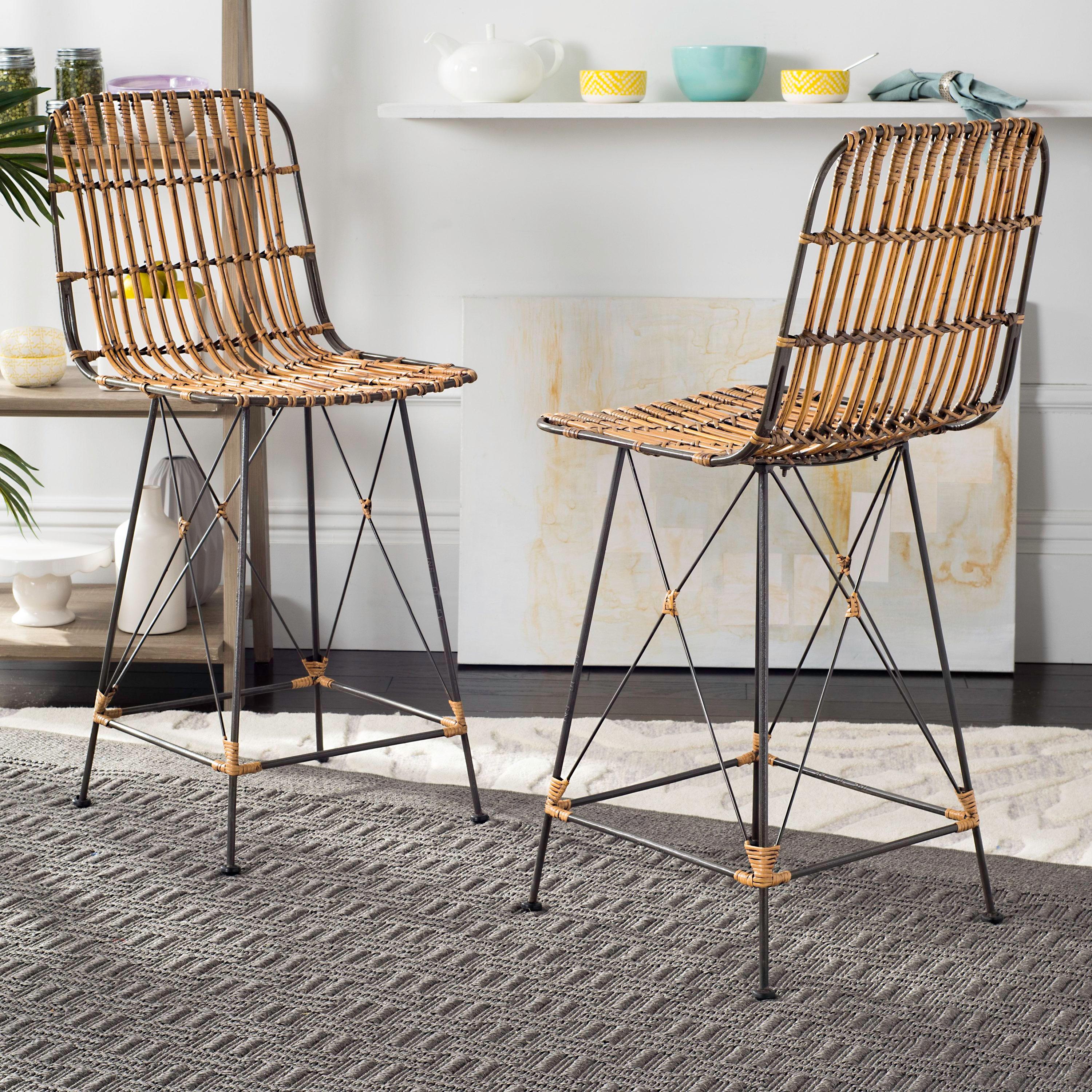 Minerva Wicker Counter Stool (Set of 2)  - WIK6509 - Natural Brown Wash/Black - Safavieh