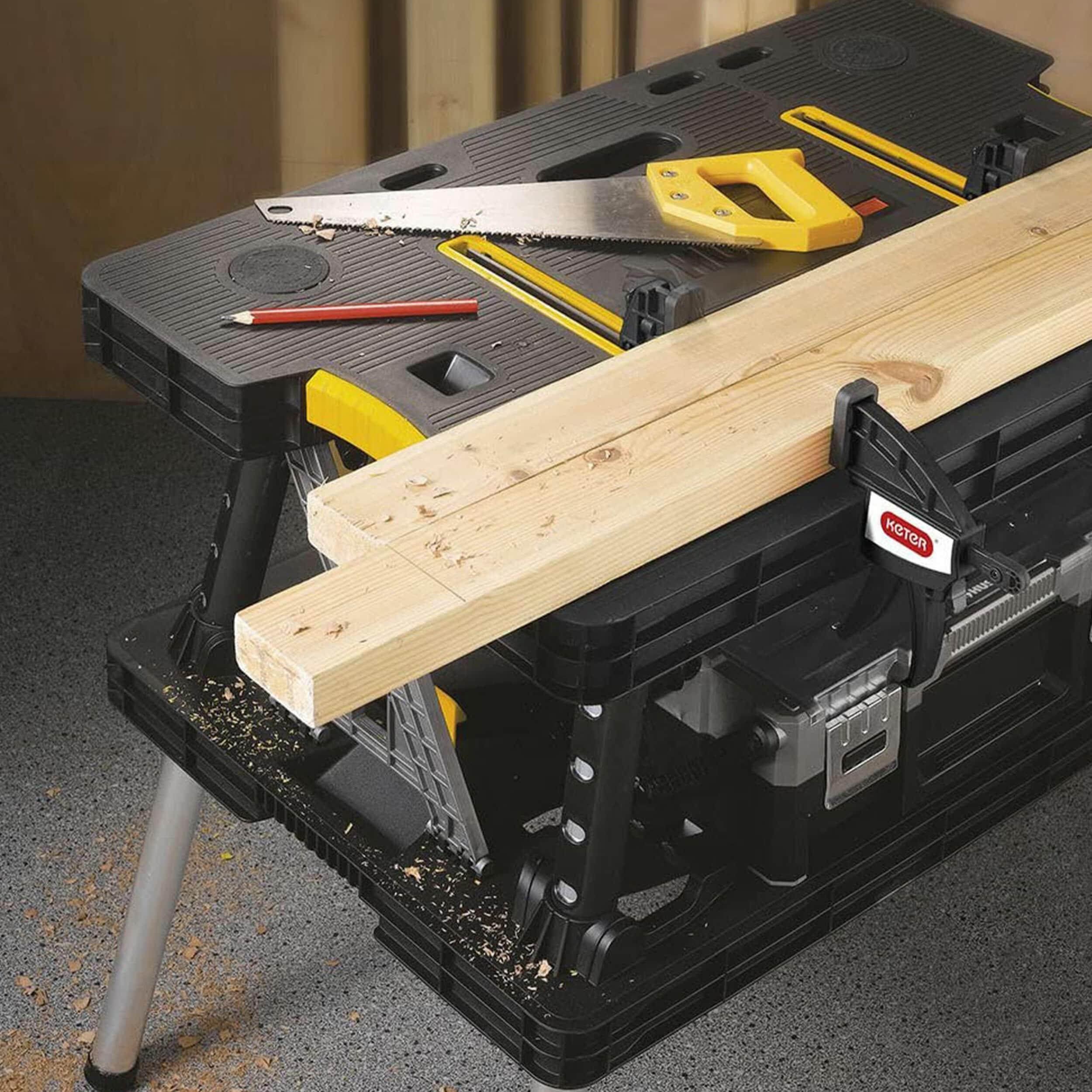 Keter Folding Portable Workbench Sawhorse with (2) 12" Clamps, Black and Yellow