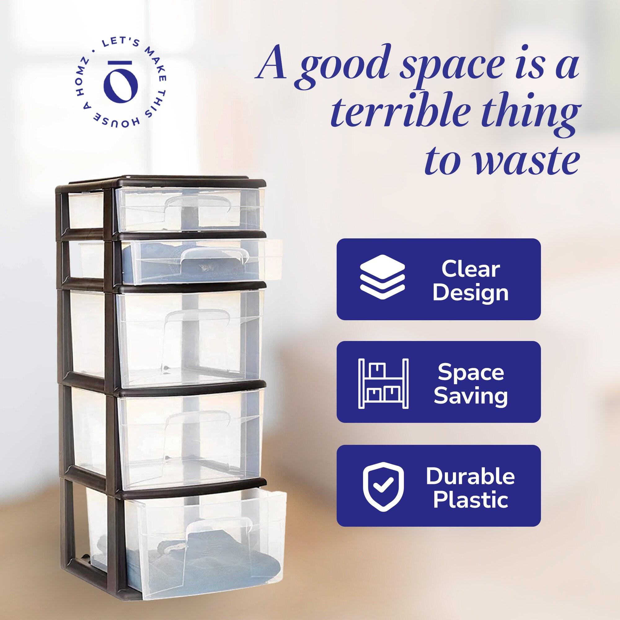 Homz Plastic 5 Clear Drawer Medium Home Closet Organizer Storage Container Tower with 3 Large Drawers and 2 Small Drawers, Black Frame