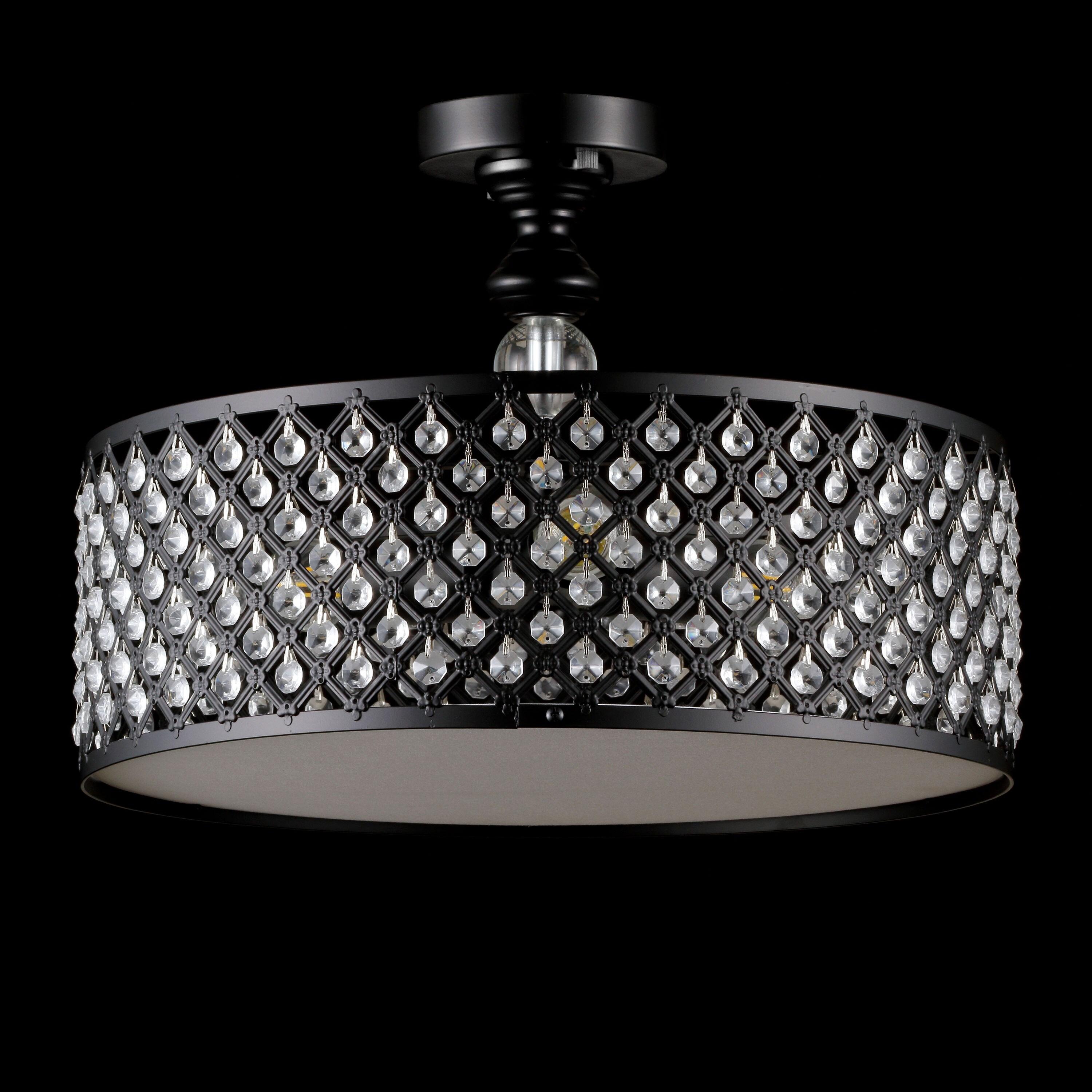 Elise 17" 3-Light Crystal/Metal Drum Semi-Flush Mount, Black