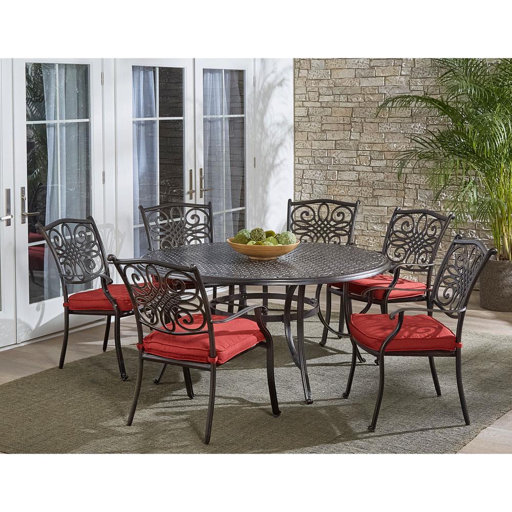 Hanover Traditions 7-Piece Dining Set in Red with Six Dining Chairs and a 60 In. Cast-top Table