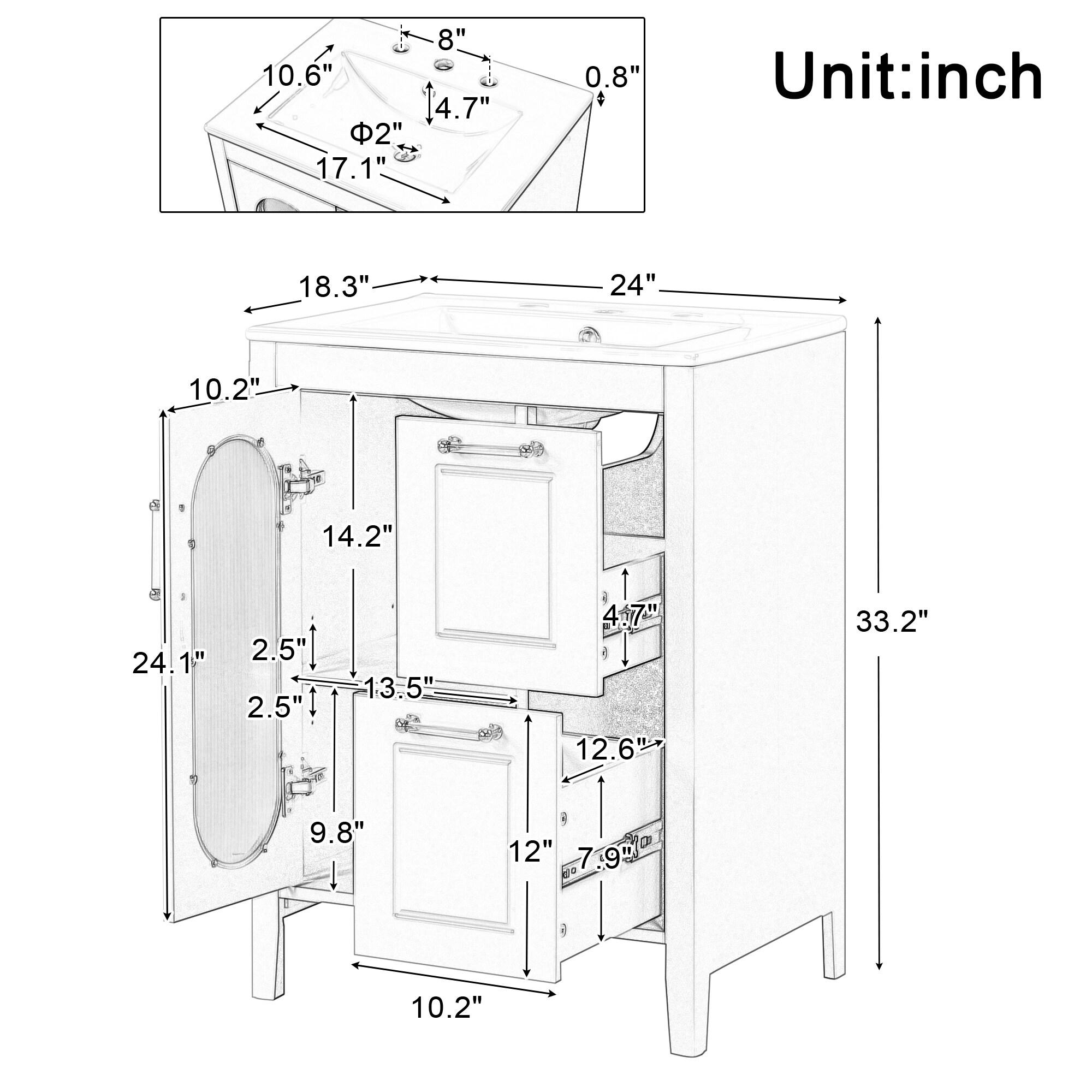 Tryimagine 24" Bathroom Vanity With Sink, Bathroom Vanity Cabinet With Two Drawers And Door, Adjustable Shelf, Solid Wood And MDF