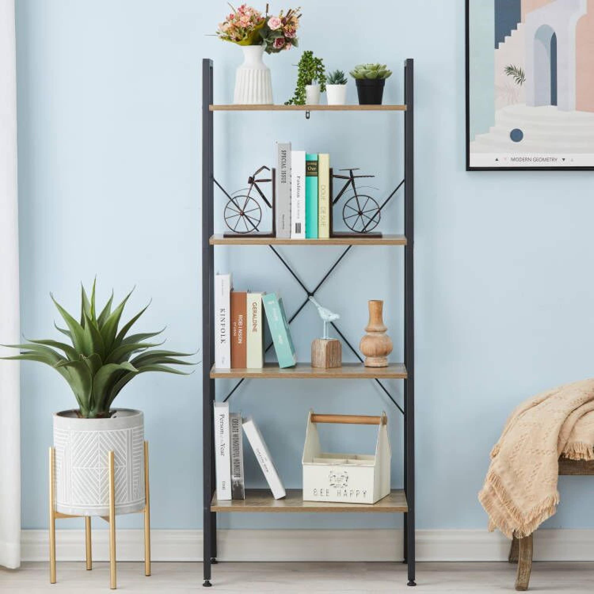 LuxenHome 4-Shelf 58.3" x 23.62" W Wood and Metal Ladder Bookcase. Brown