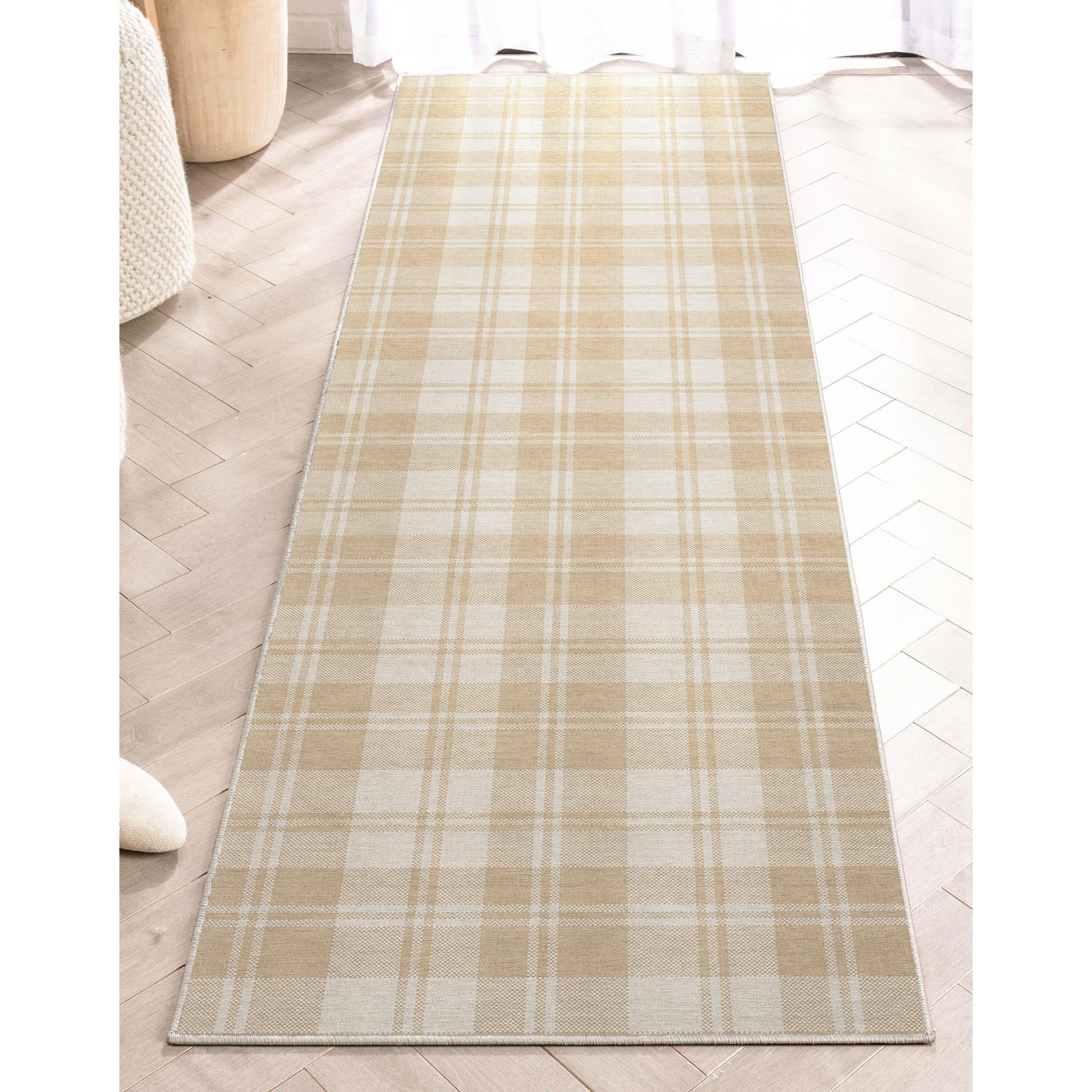 Kehr Plaid Farmhouse Geometric Beige Brown Grey Flat-Weave Area Rug