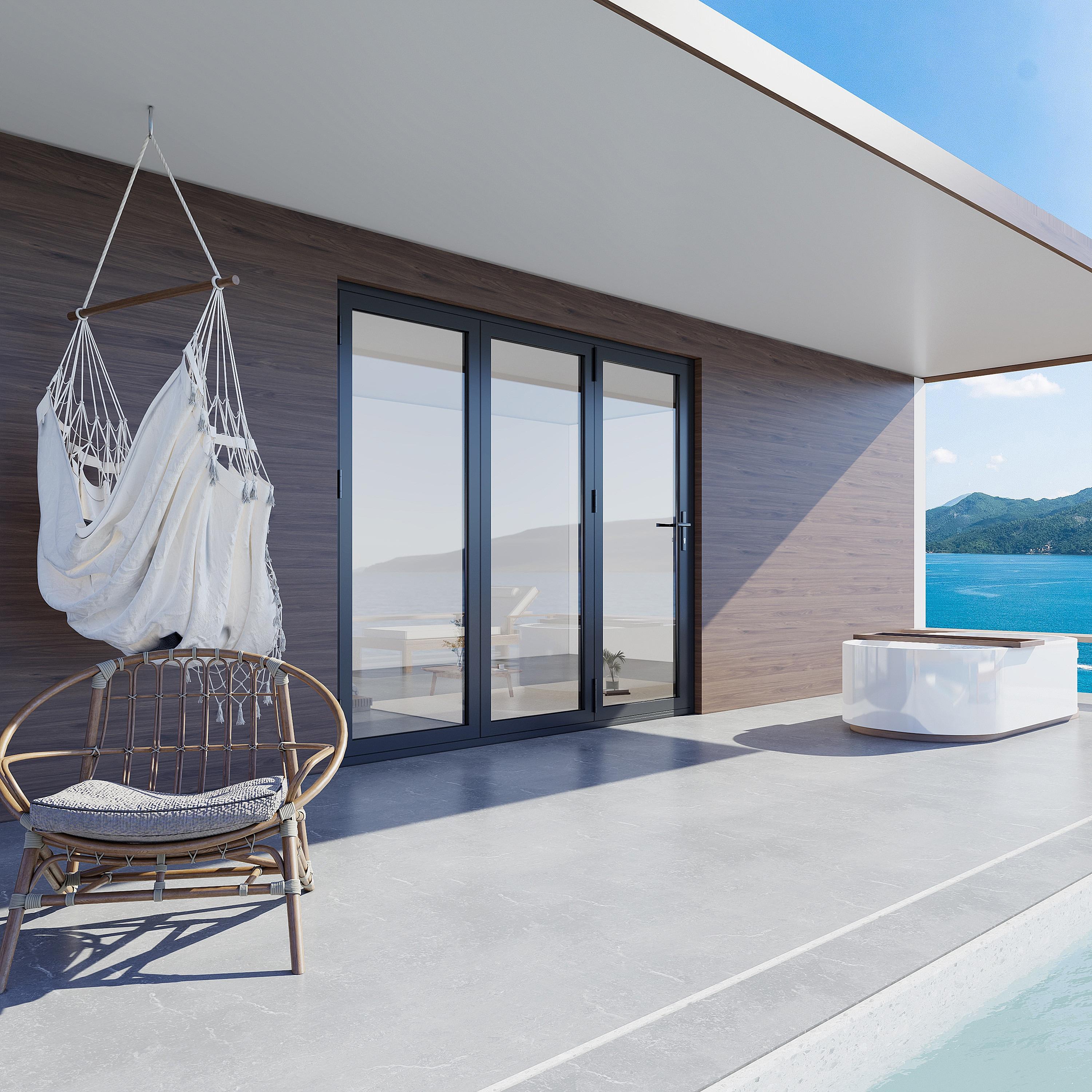 KaMic KaMic 96" inch - 3 Panels Glass Aluminum Folding Door In Black