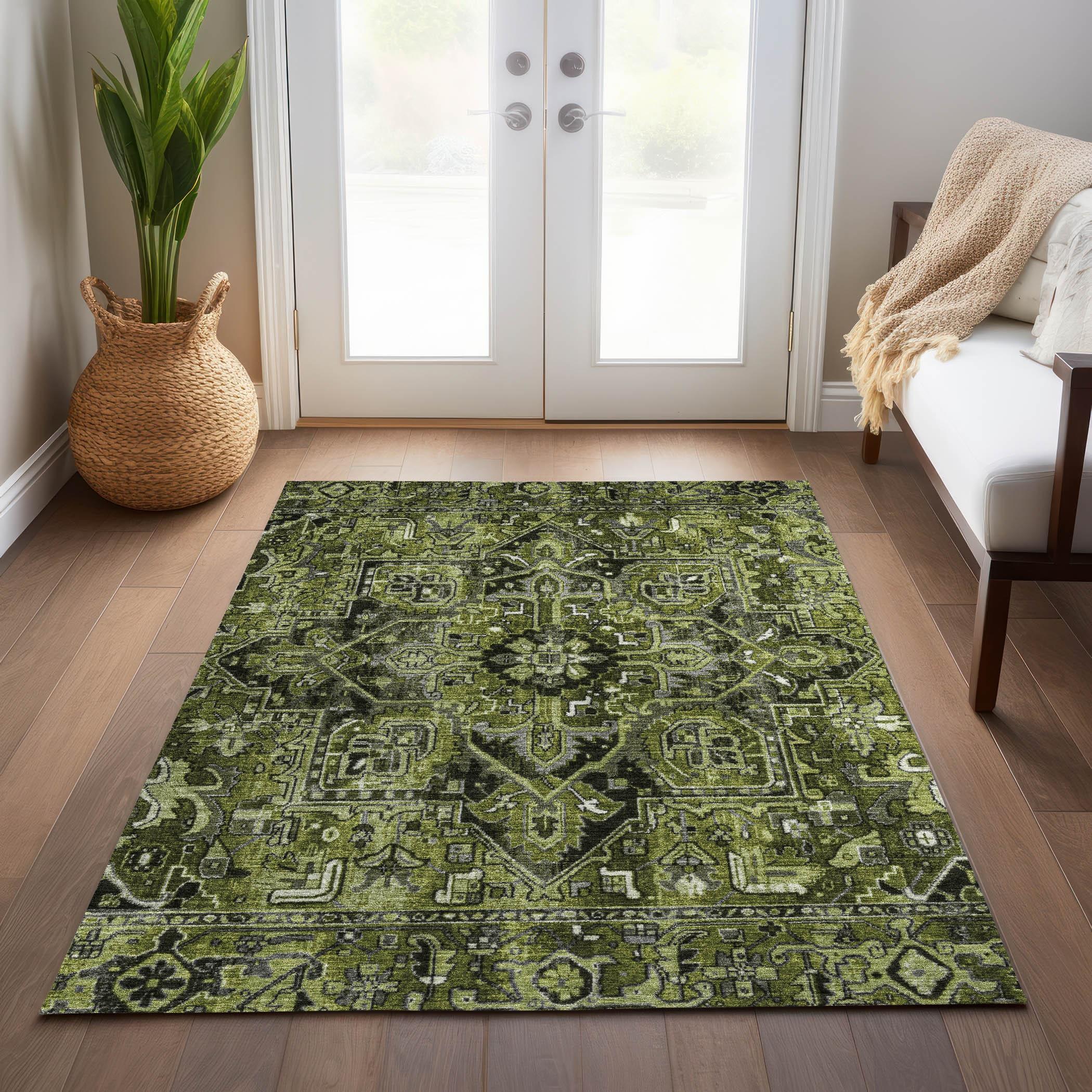 Olive Rectangular Synthetic Oriental 10' x 14' Washable Area Rug