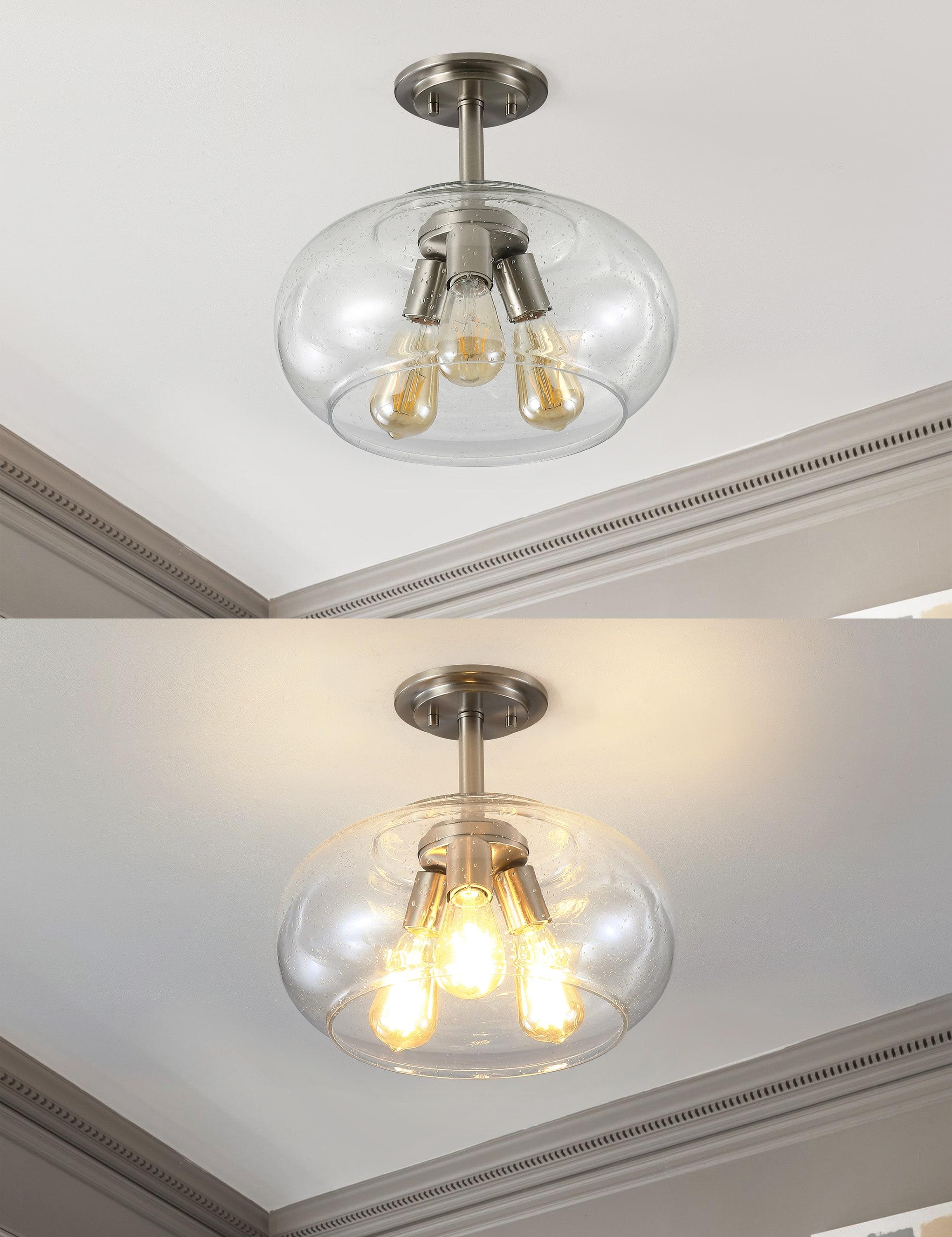 Lina 13.75" 3-Light Modern Industrial Iron/Seeded Glass LED Semi Flush Mount, Nickel/Clear