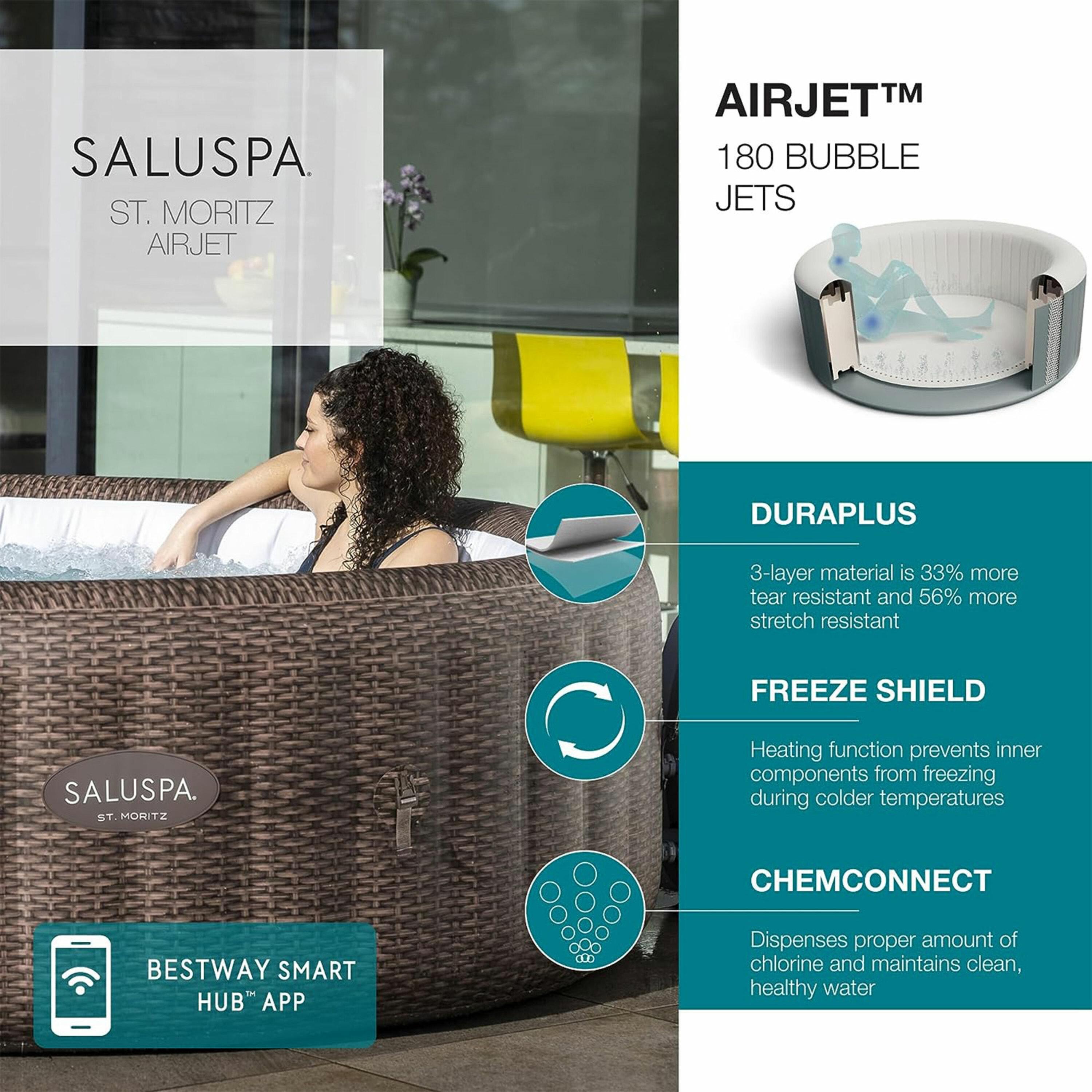 Bestway SaluSpa St Moritz AirJet Hot Tub with Set of 4 Non Slip Pool and Spa Seats and Set of 4 Padded Headrest Pillows with Adjustable Strap, Brown