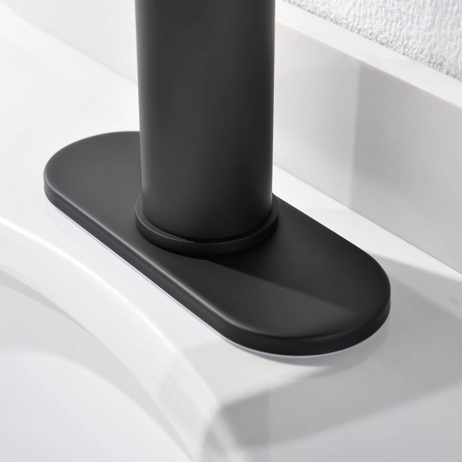 Phiestina Matte Black Single Hole Waterfall Bathroom Sink Faucet Single Handle, with 6-Inch Deck Plate & Metal Pop Up Drain Assembly, NS-SF01-MB