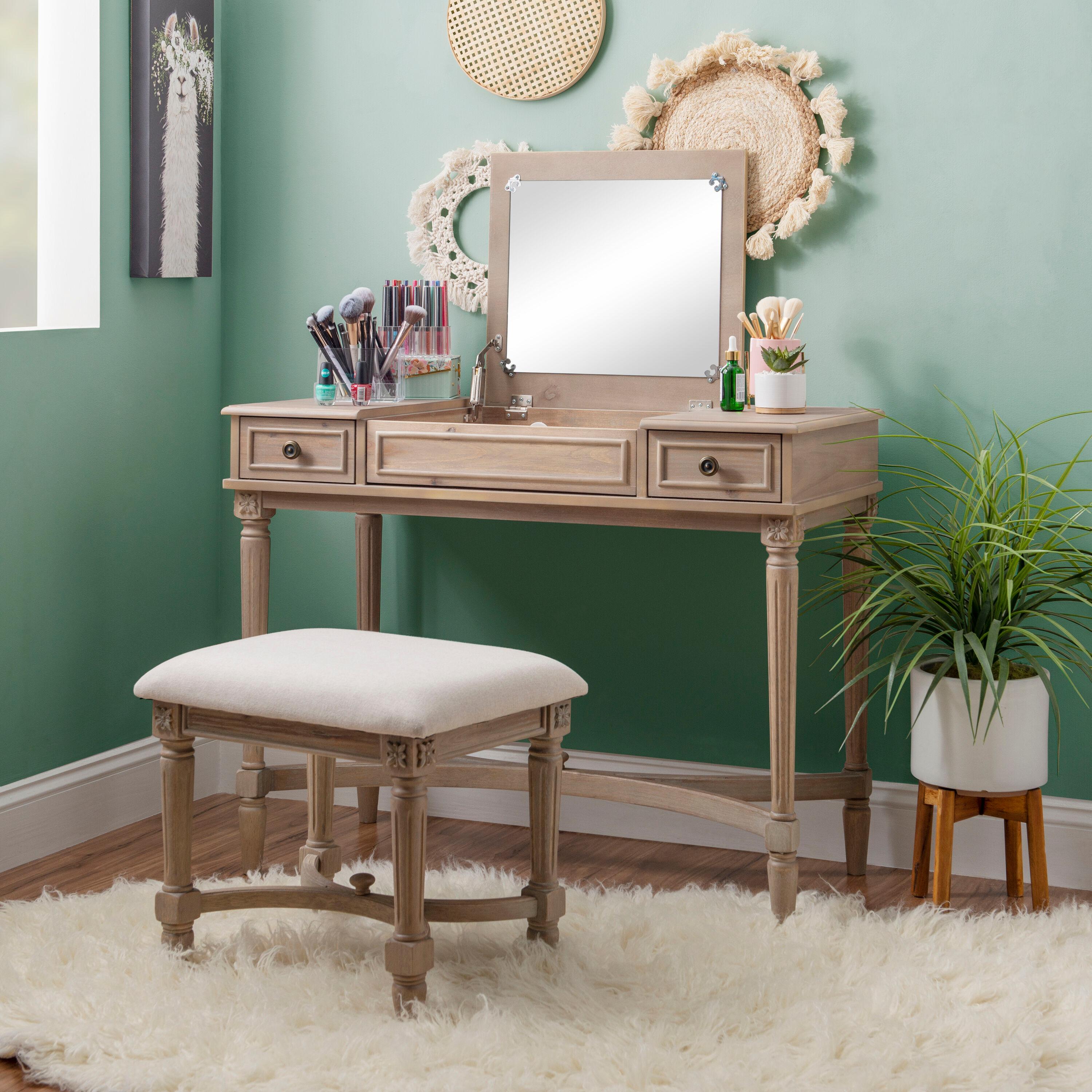 Kelly Clarkson Home June Natural Two Drawer Flip Top Vanity Set with Stool