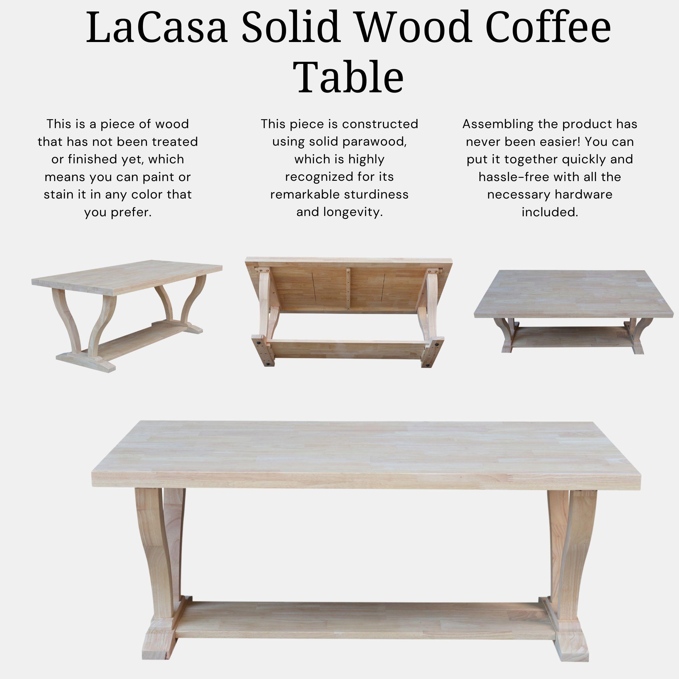 Lacasa Solid Wood Coffee Table Unfinished - International Concepts: Rubberwood, Transitional Style, Fixed Shelf