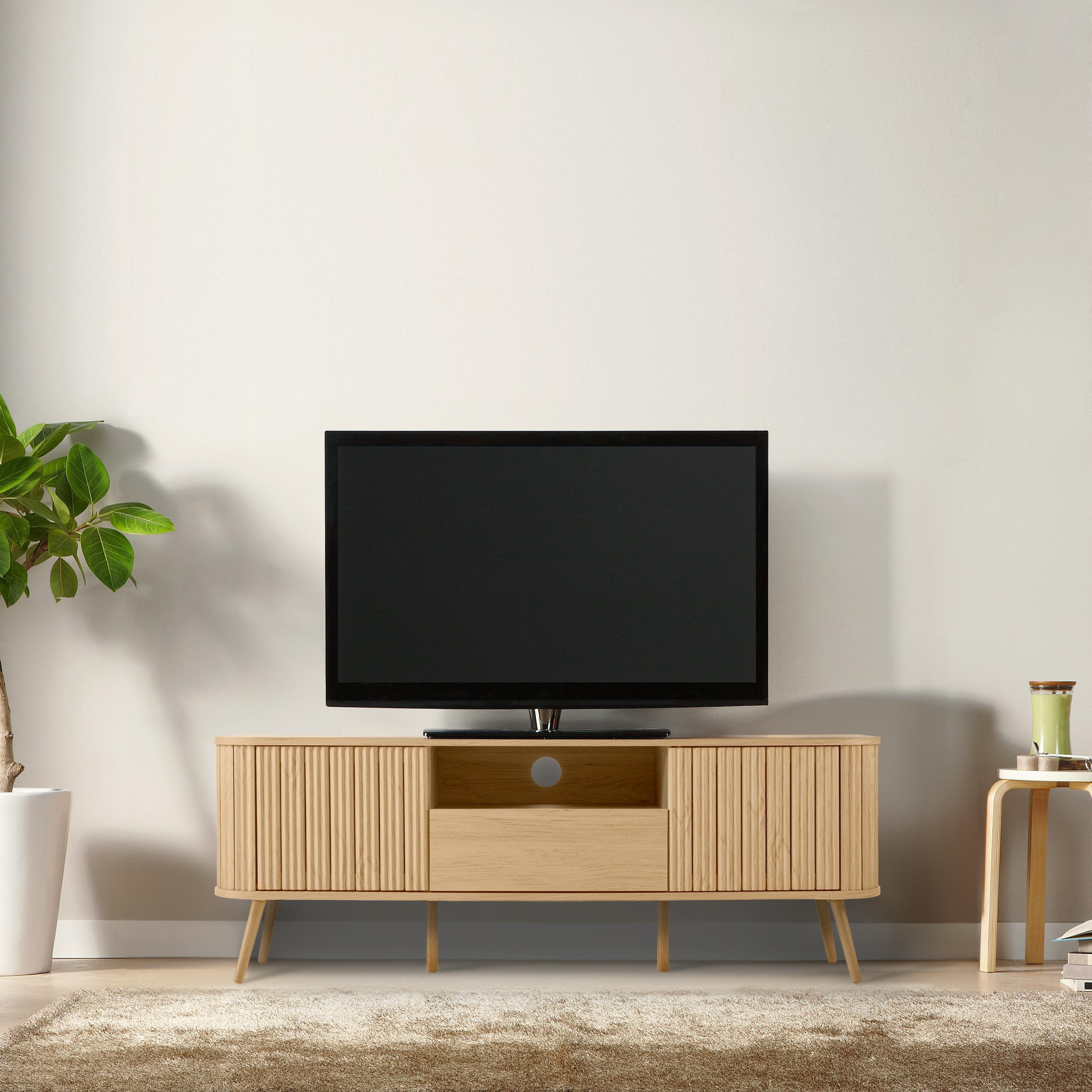 JONATHAN Y Damien 70 in. Farmhouse Curved TV Stand with Drawer and Storage Doors Fits TVs up to 75 in. with Cable Management, Oak