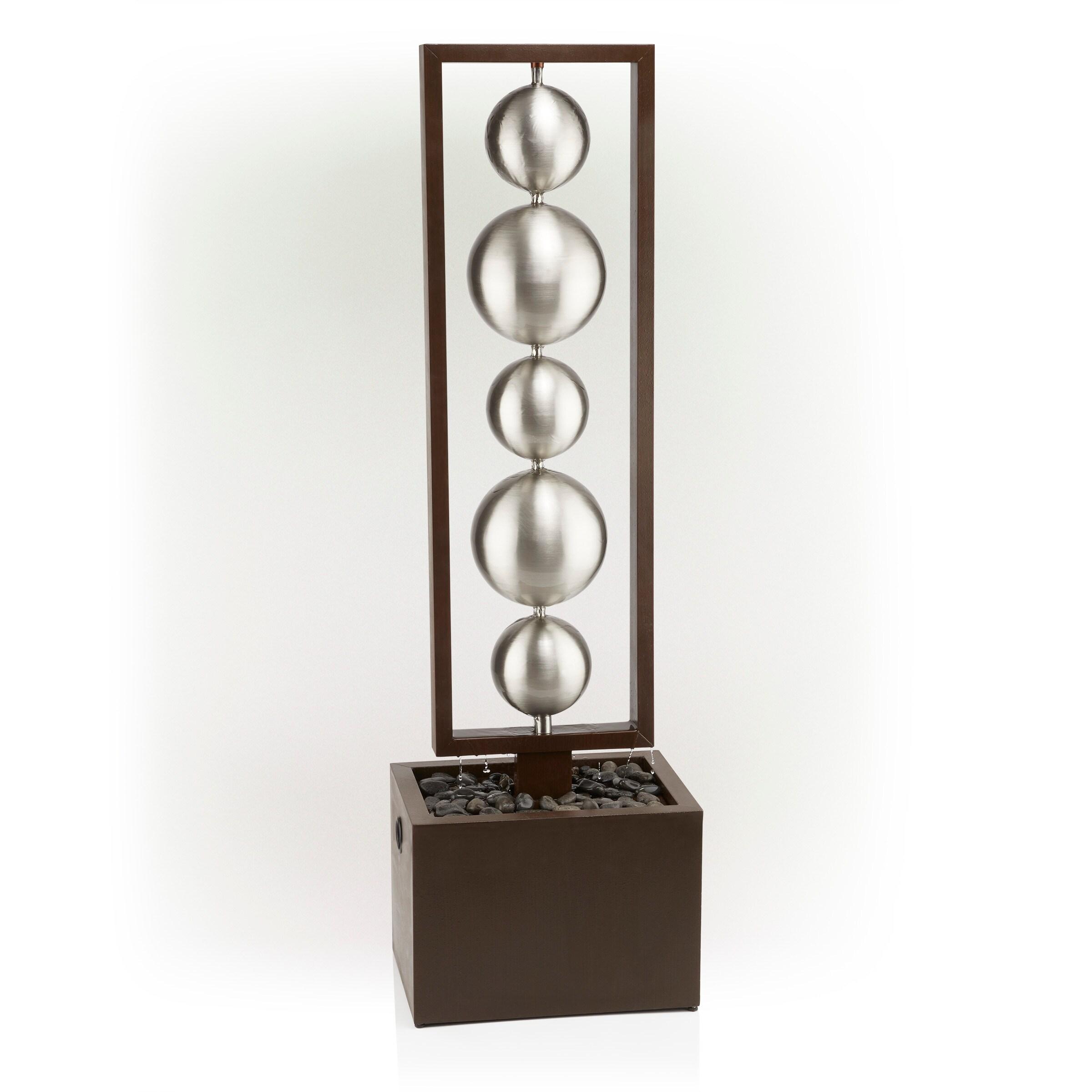 55" Metal Modern Column Fountain with Stainless Steel Orbs Silver/Brown - Alpine Corporation: Electric-Powered