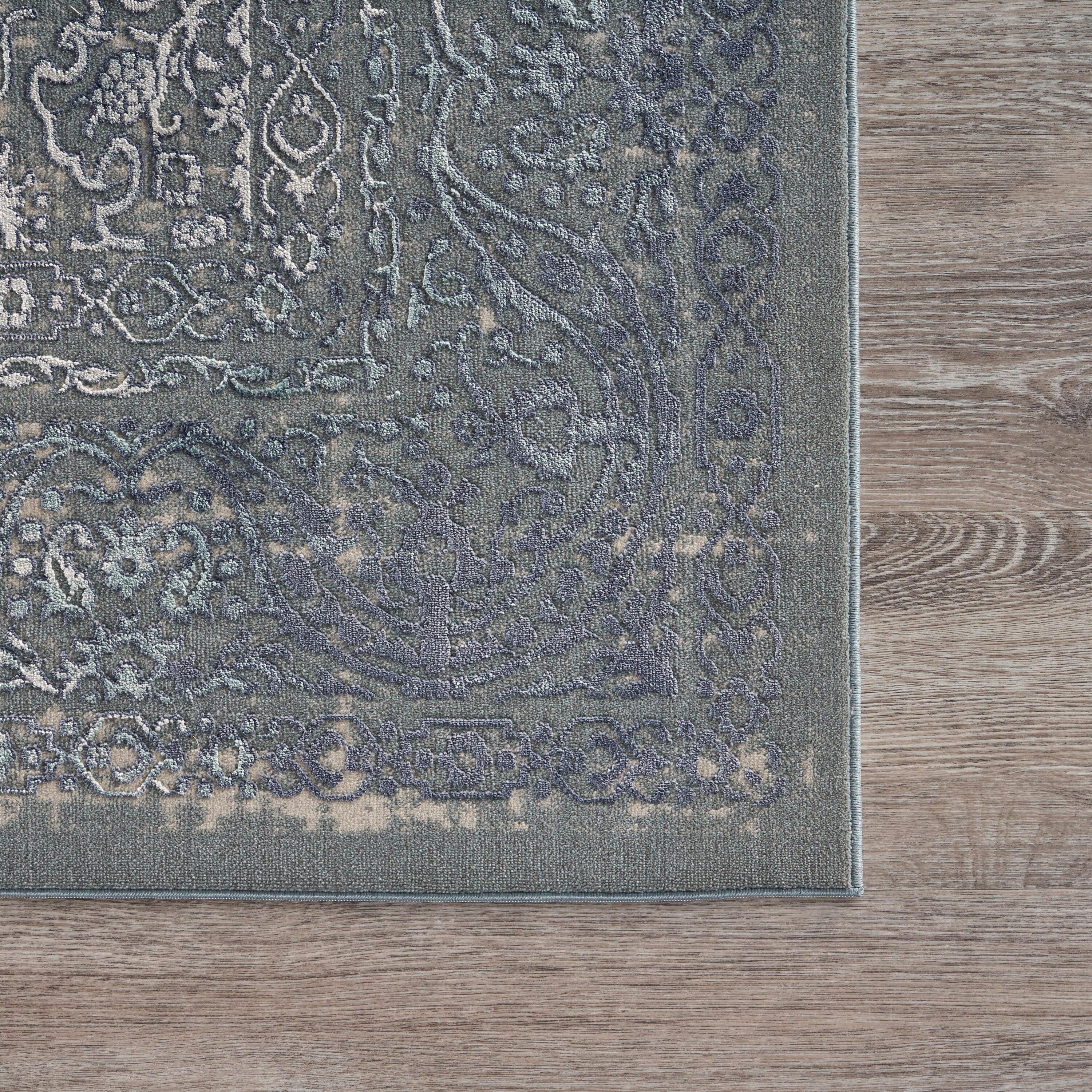 LR Home Imara Amety Blue/Silver Traditional Damask Polyester Area Rug, 9'6" x 13'