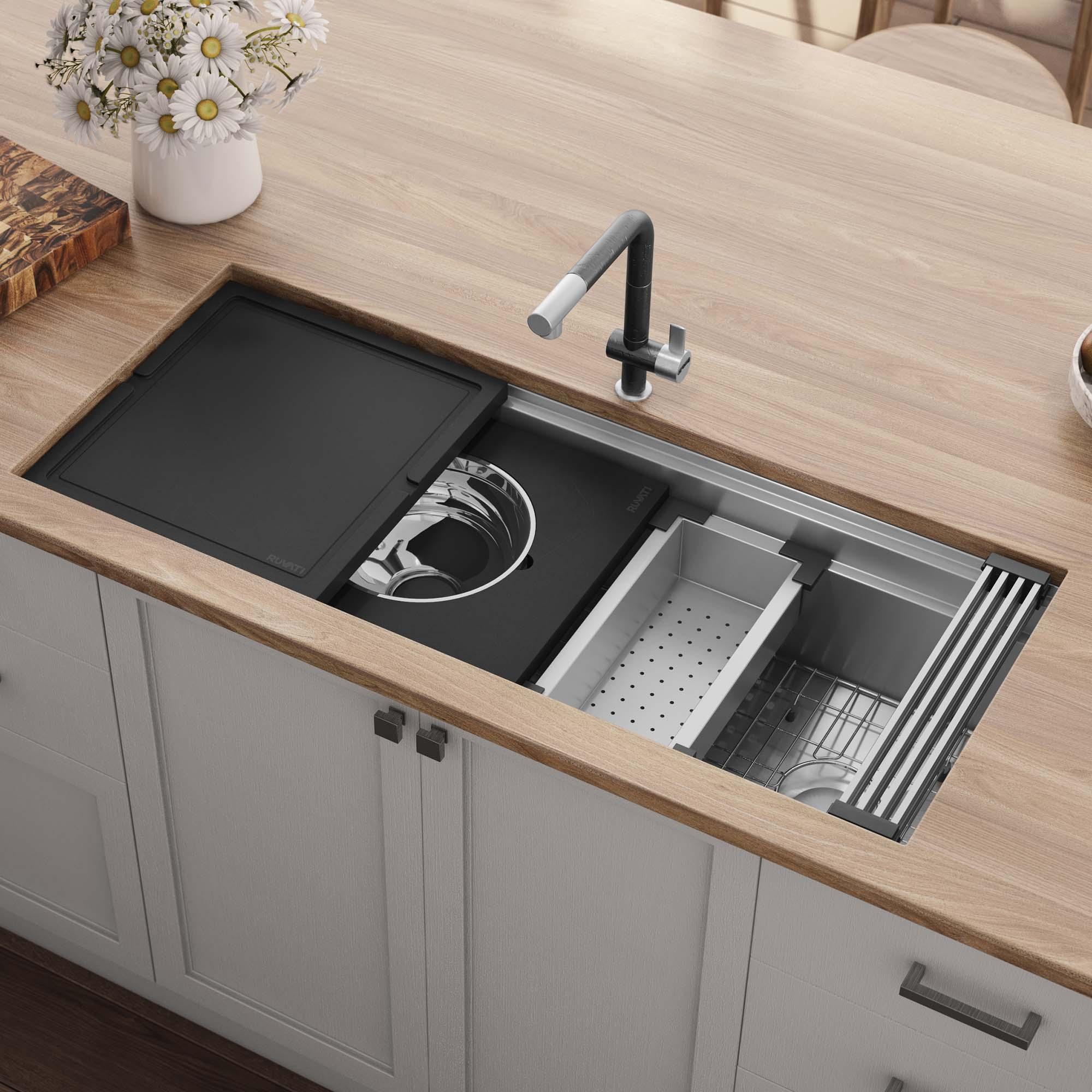 Ruvati 45-inch Workstation Two-Tiered Ledge Kitchen Sink Undermount 16 Gauge Stainless Steel