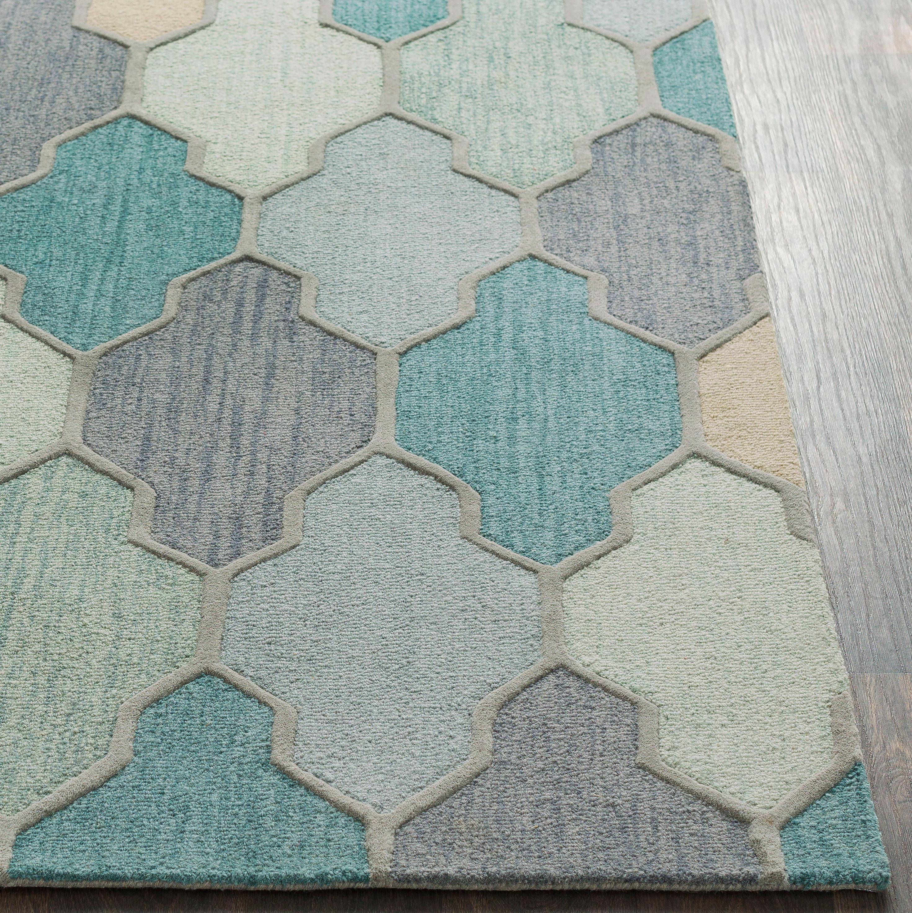 Handmade Tufted Blue Geometric Wool Rug 2' x 3'