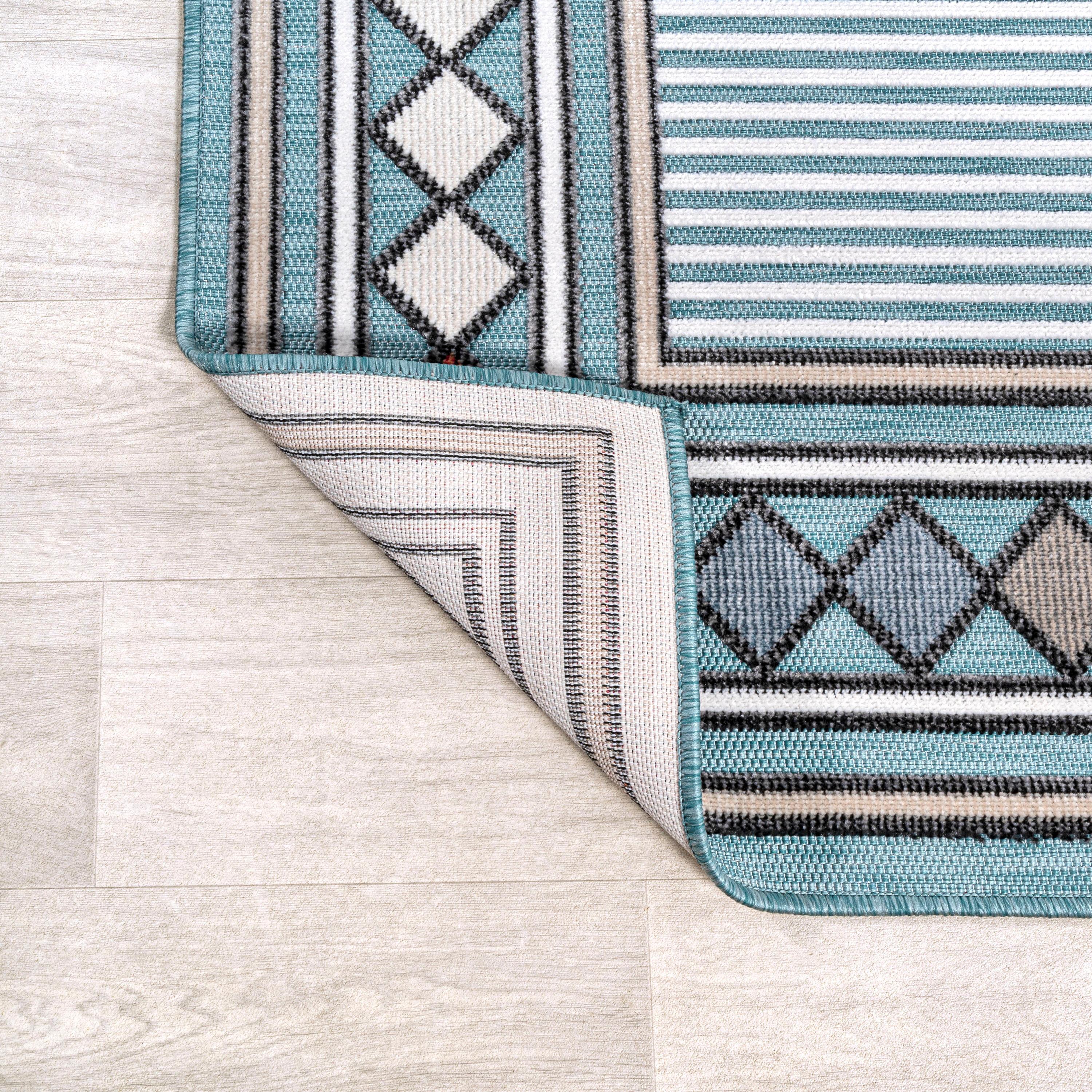 JONATHAN Y Sebastian High-Low Modern Diamond Border Blue/Ivory 2 ft. x 8 ft. Indoor/Outdoor Runner Rug