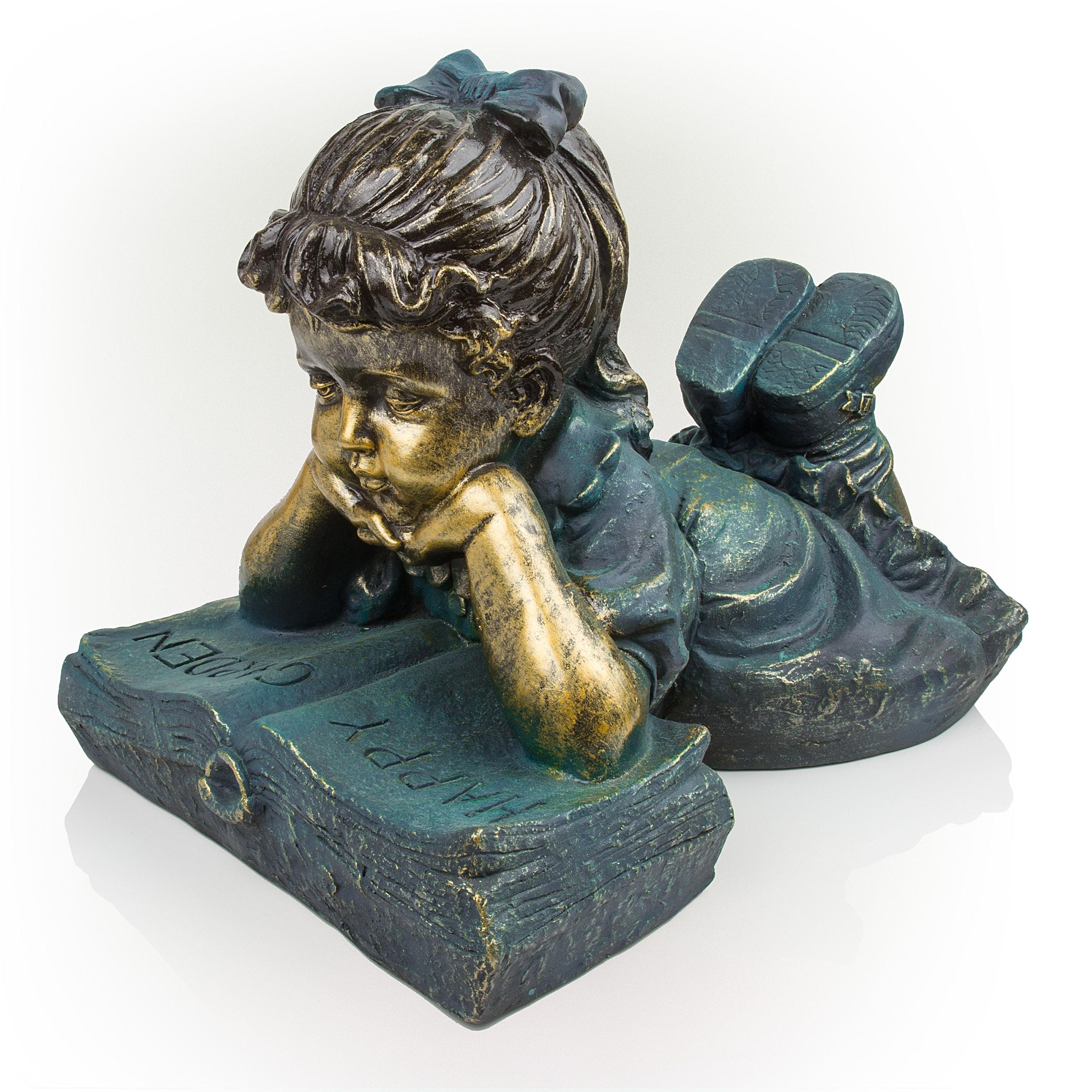 Antique Bronze Girl Reading Book Lawn Statue