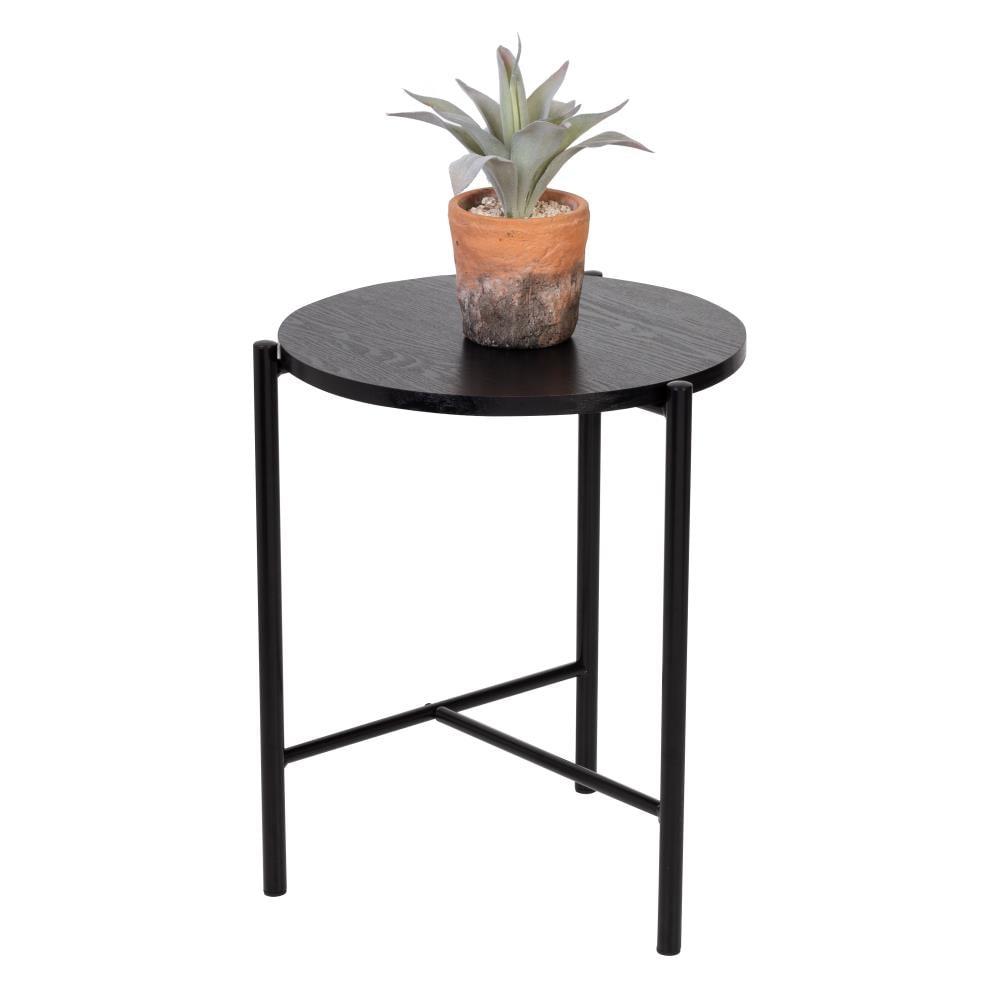 Sleek Matte Black Metal and Wood Round Side Table