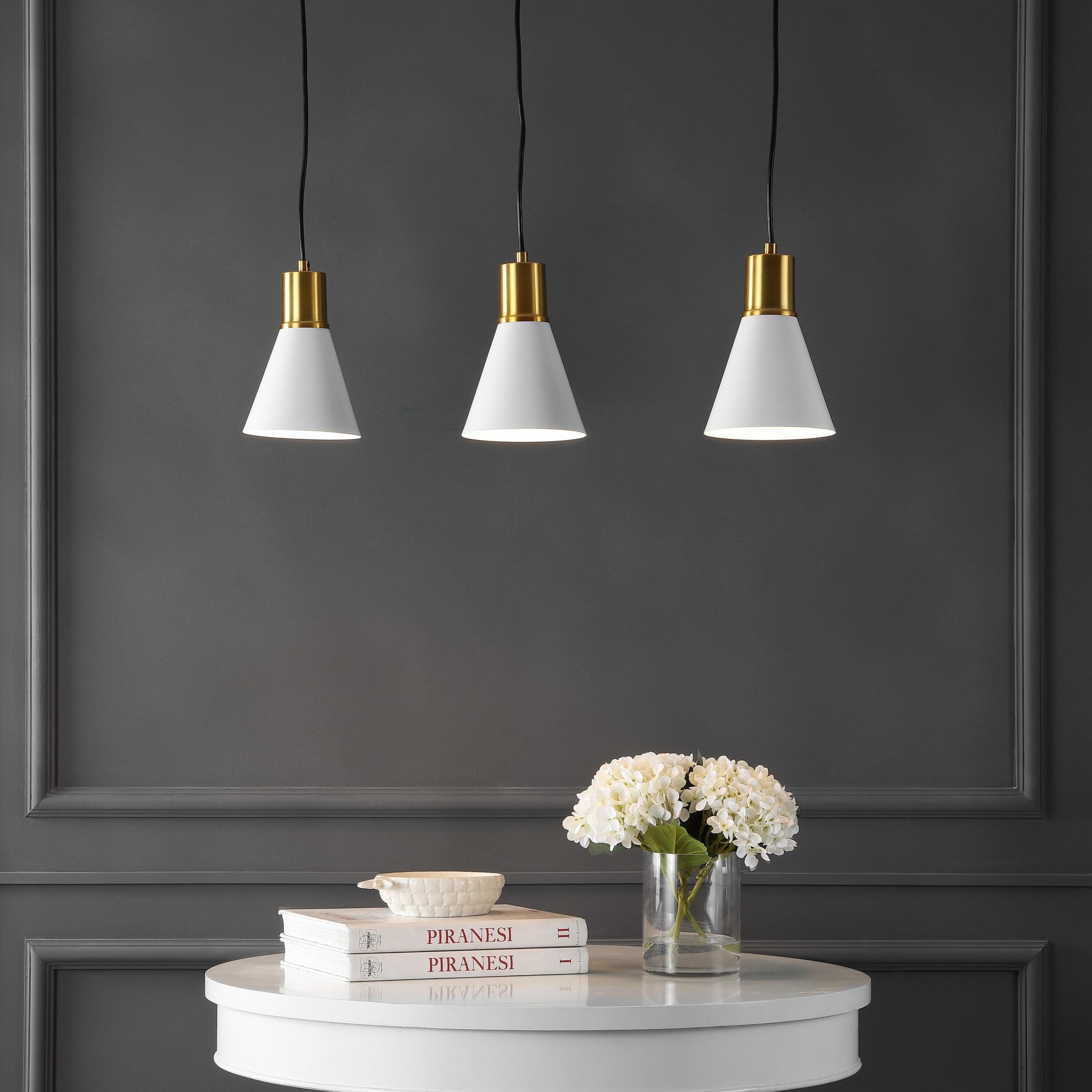 Apollo 33.5" 3-Light Mid-Century Modern Iron Adjustable Linear LED Pendant, White/Brass Gold