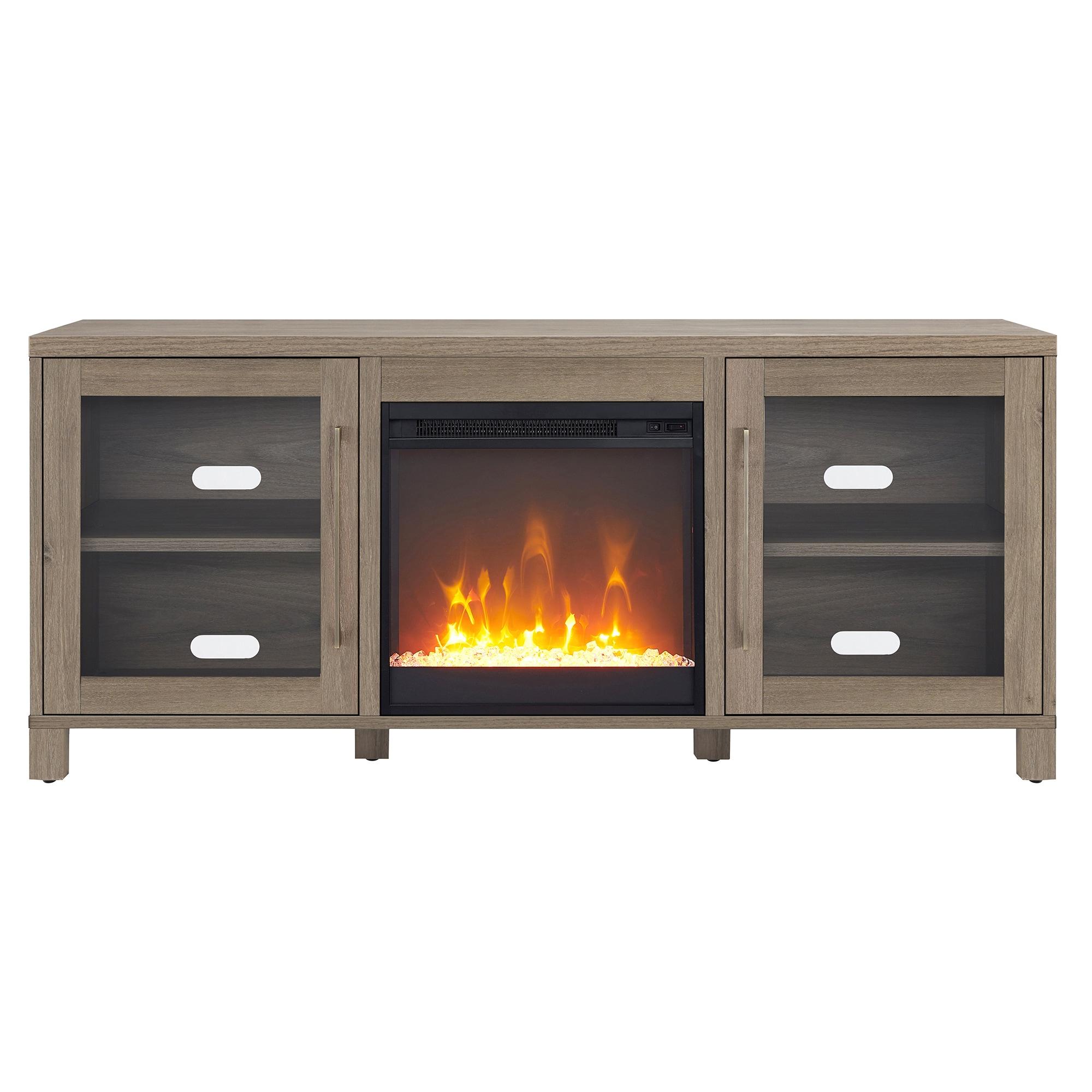 Evelyn&Zoe Quincy Rectangular TV Stand with Crystal Fireplace for TV's up to 65", Antiqued Gray Oak