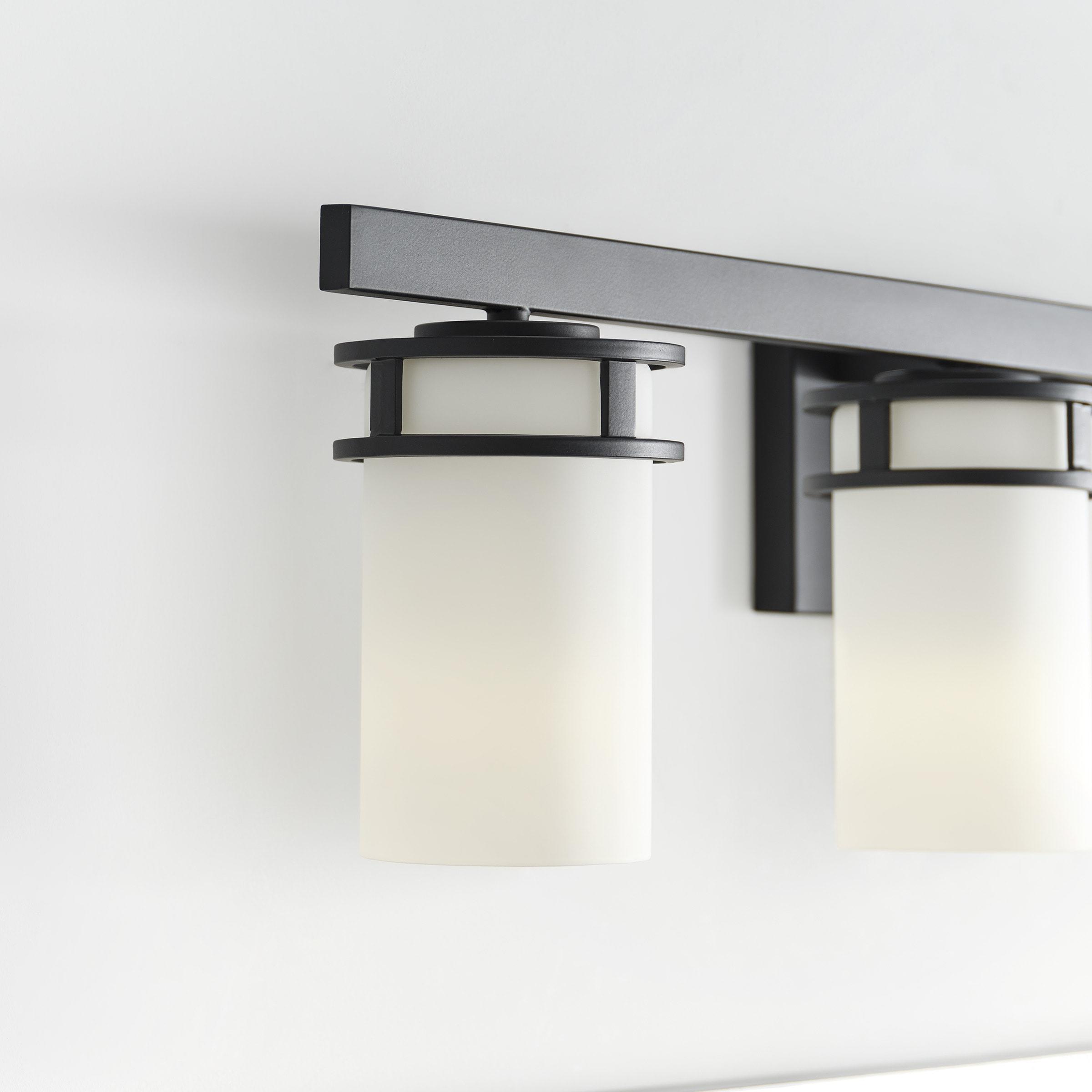 Robie 34 in. 4-Light Matte Black Transitional Rustic Wall Bathroom Vanity Light with Etched White Glass Shades