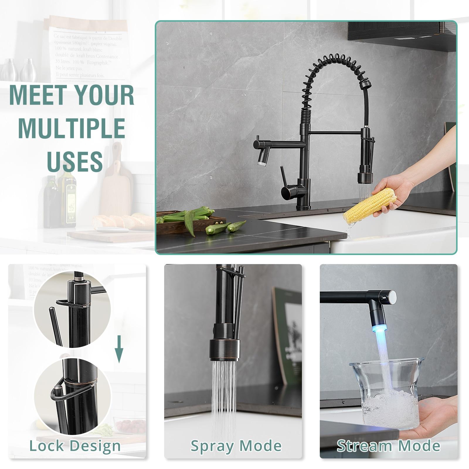 Fapully Commercial Single Handle Pull Down Sprayer Oil Rubbed Bronze Kitchen Faucet, Kitchen Sink Faucet with LED Light