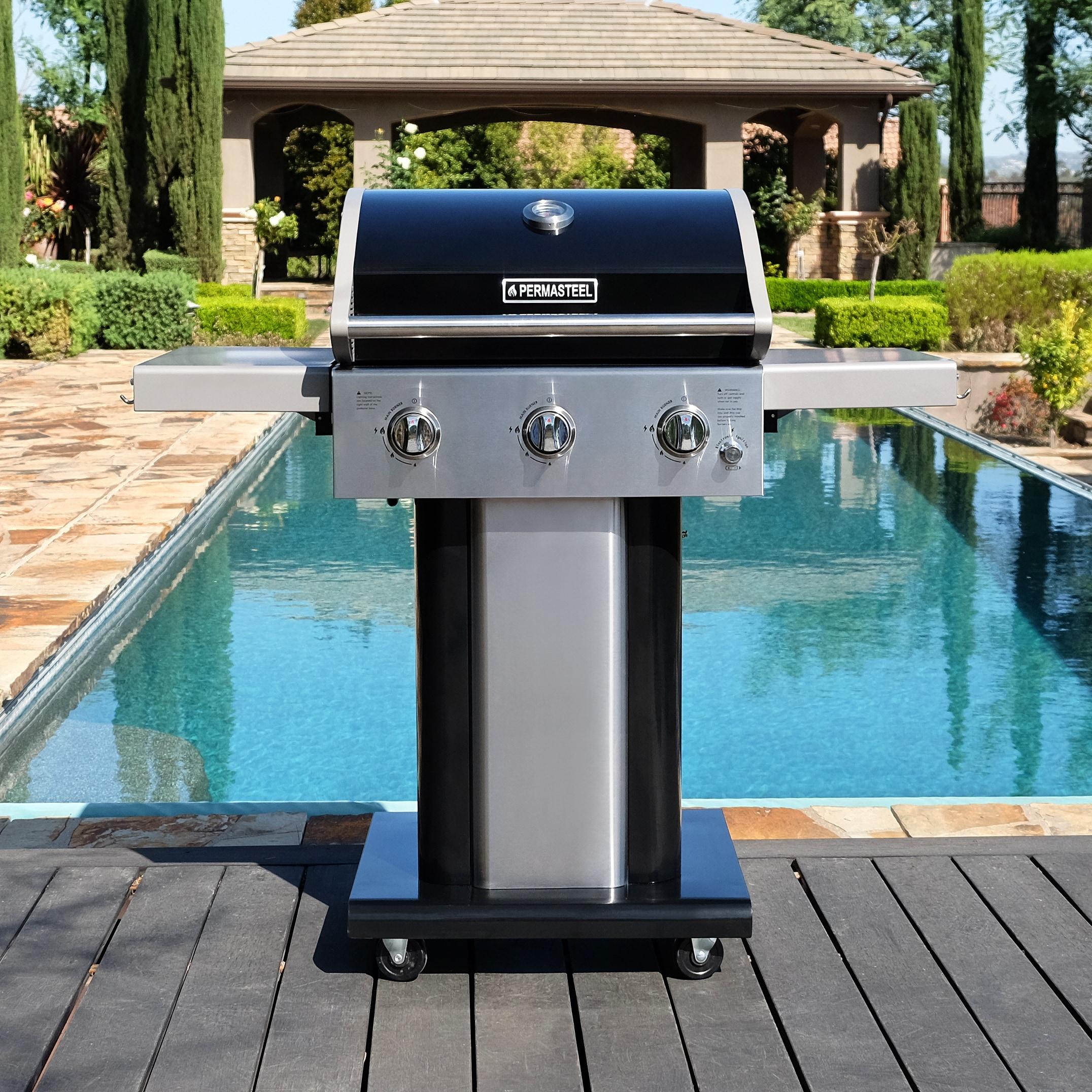 Permasteel 3-Burner Compact Propane Gas Grill with Foldable Side Tables and Grilling Tool Hooks