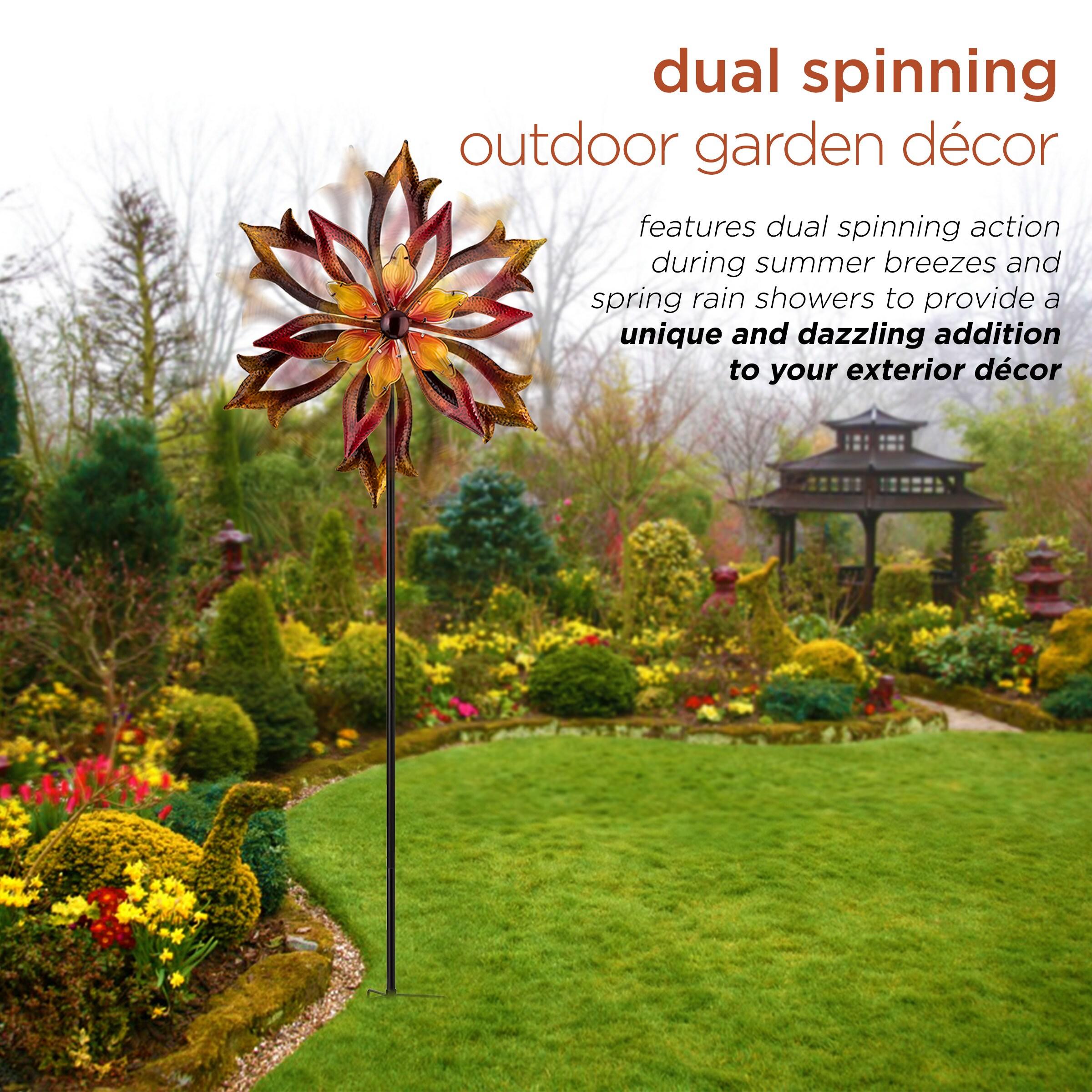 96" Glass/Iron Outdoor Flower Dual Kinetic Spinner Stake Red/Yellow - Alpine Corporation: Yard Art Decor