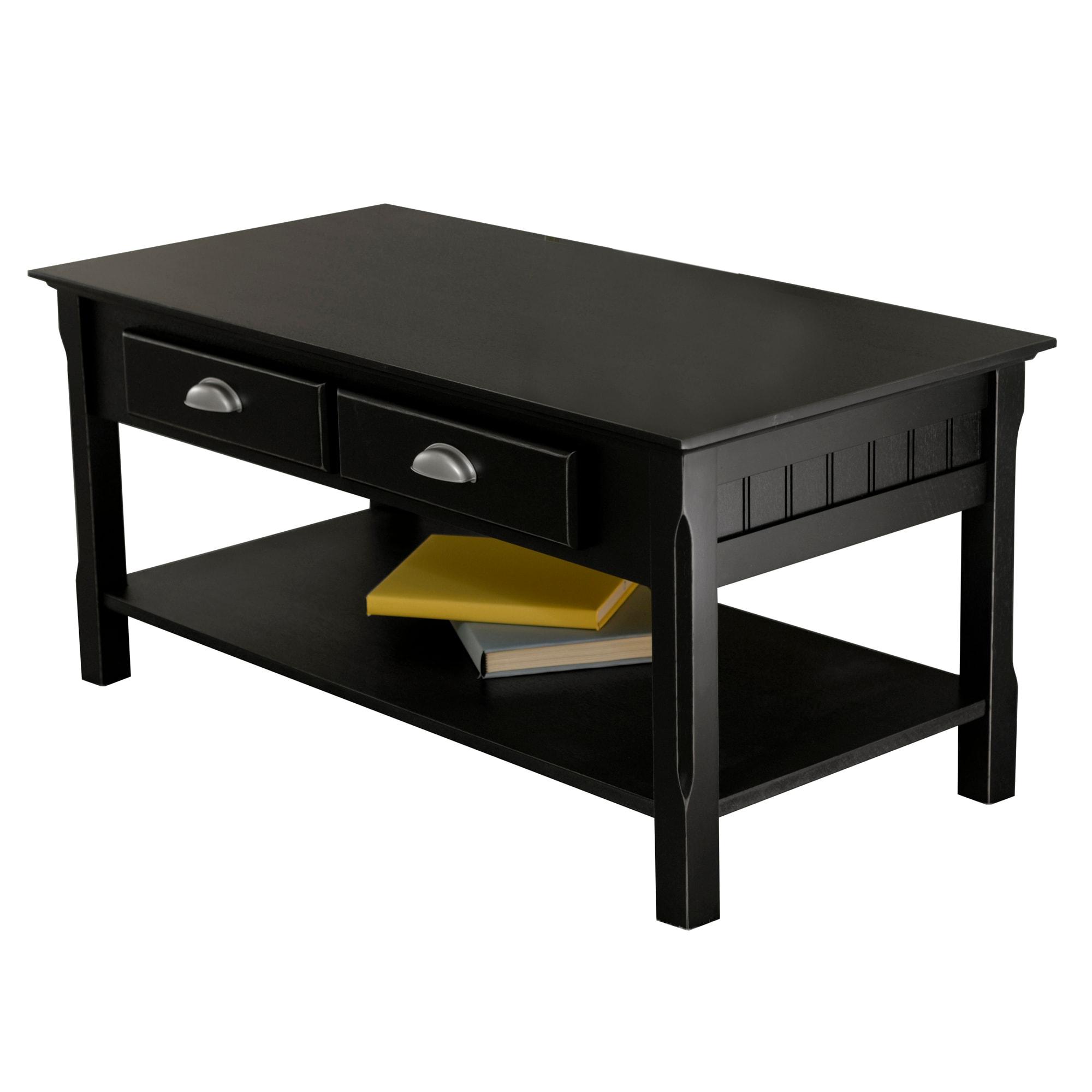 Timer Coffee Table, Drawers and Shelf - Black - Winsome: Solid Wood, Chrome Handle Accents