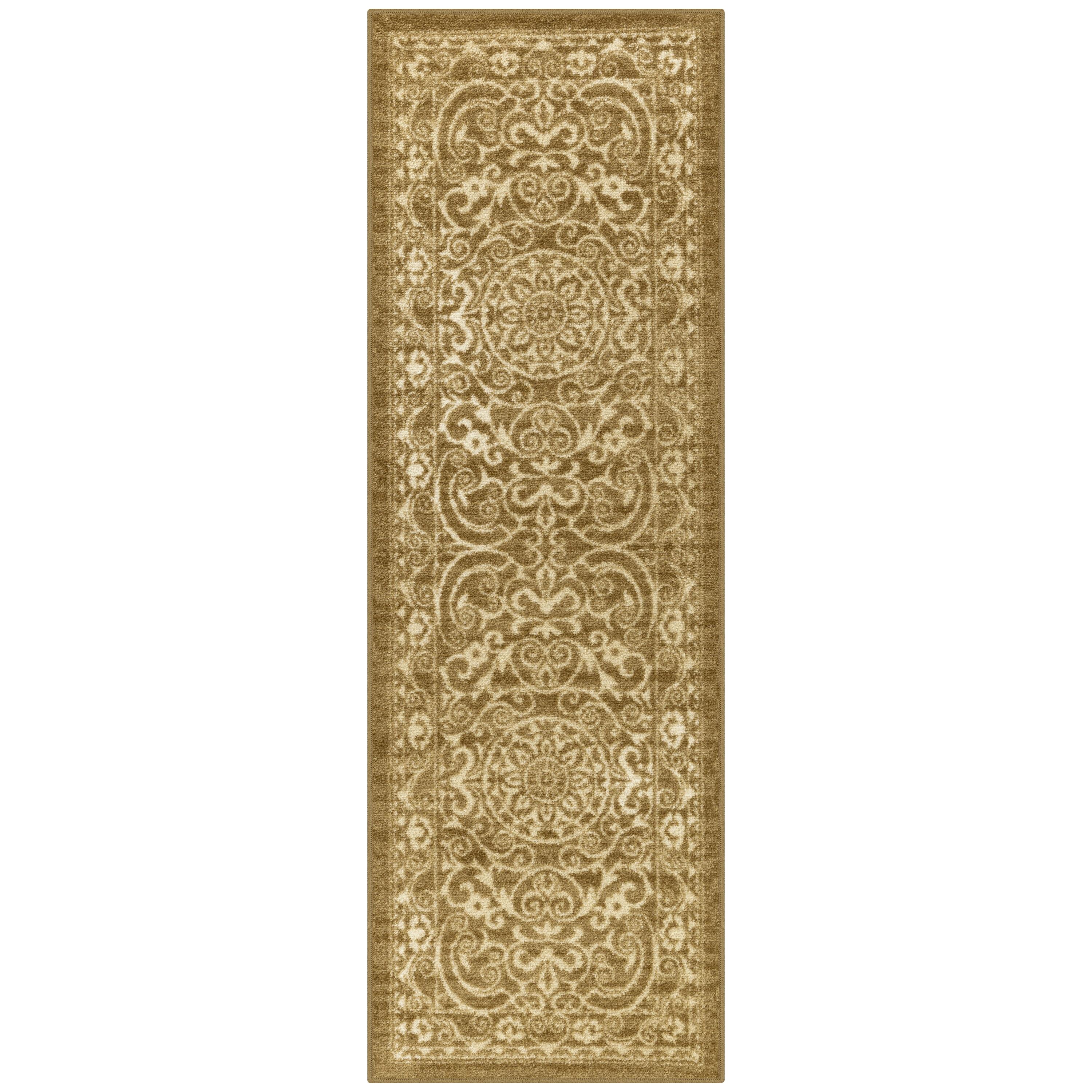 Maples Rugs Pelham Transitional Vintage Scroll Khaki Washable Hallway Runner Rug, 2' x 6'
