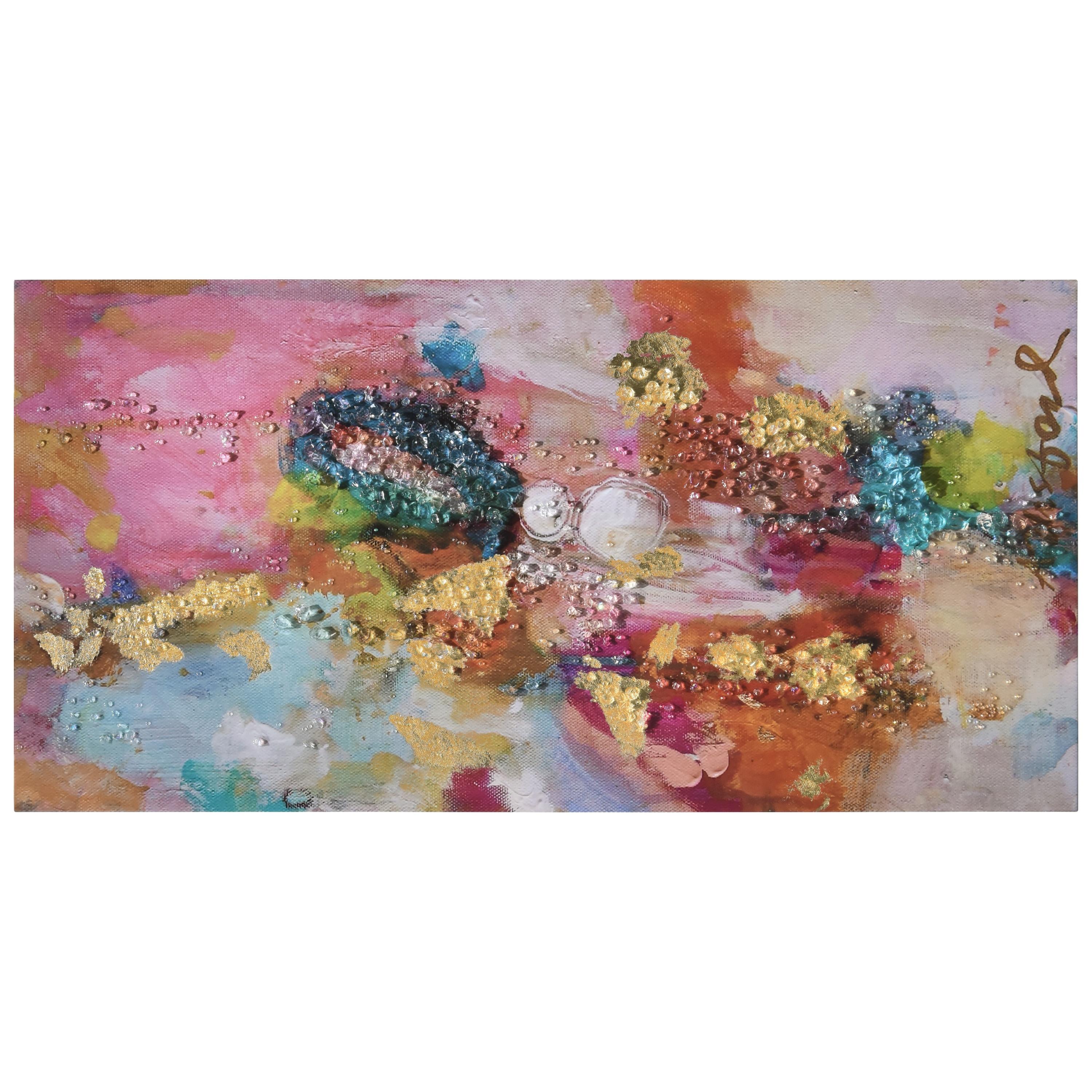"Colorful Symphony II" Crystallus Epoxy Coated Wrapped Glossy Canvas Wall Art with Heavy Acrylic Crystal Shards Embellishments