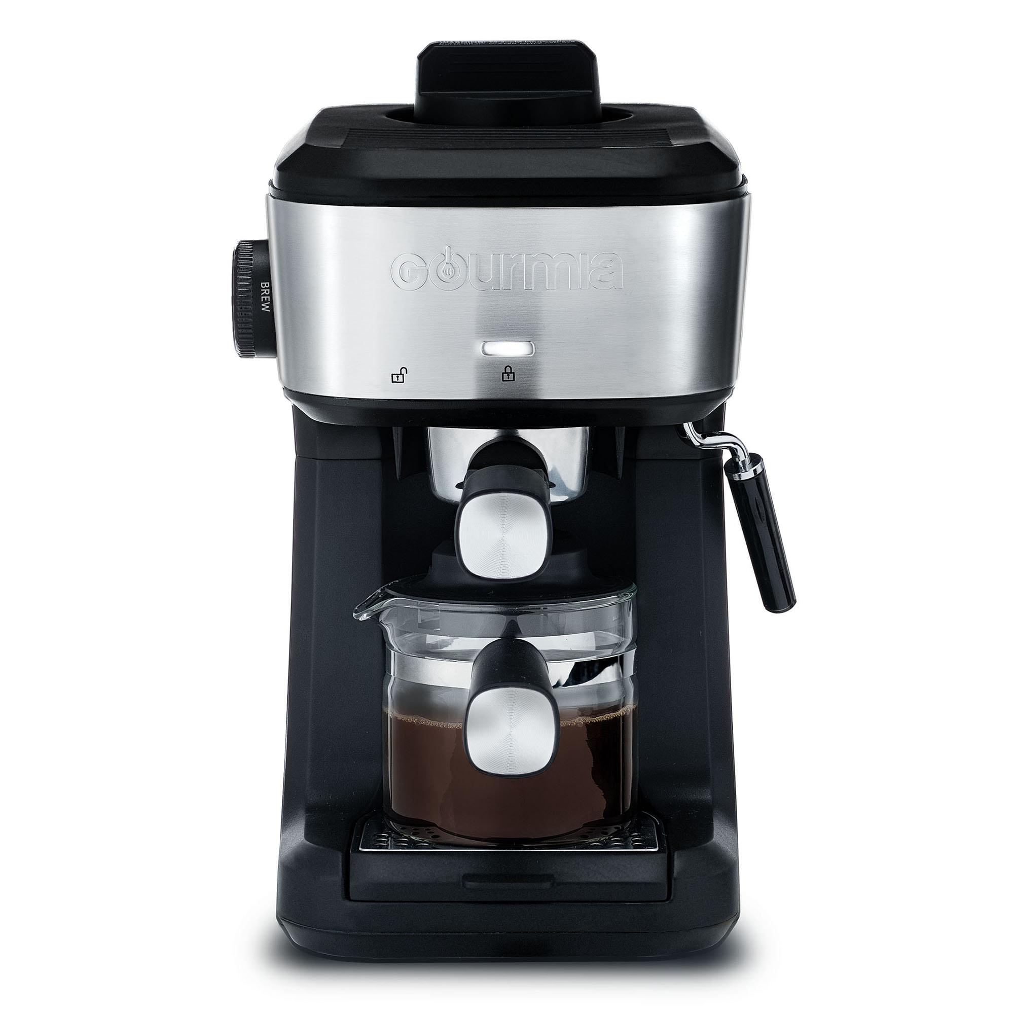 Gourmia 4-Shot Steam Espresso, Cappuccino, and Latte Maker with Frothing Wand: 1.5L Capacity, 1500W Electric