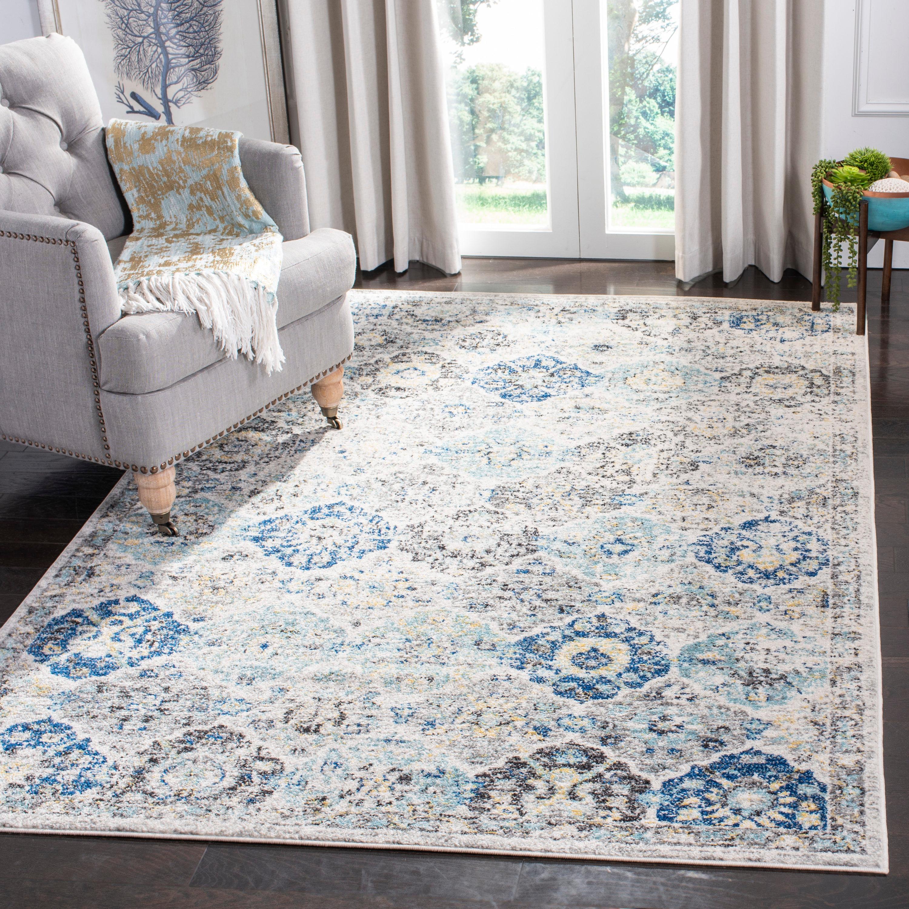 SAFAVIEH Madison Judith Distressed Area Rug, Ivory/Aqua, 10' x 10' Square