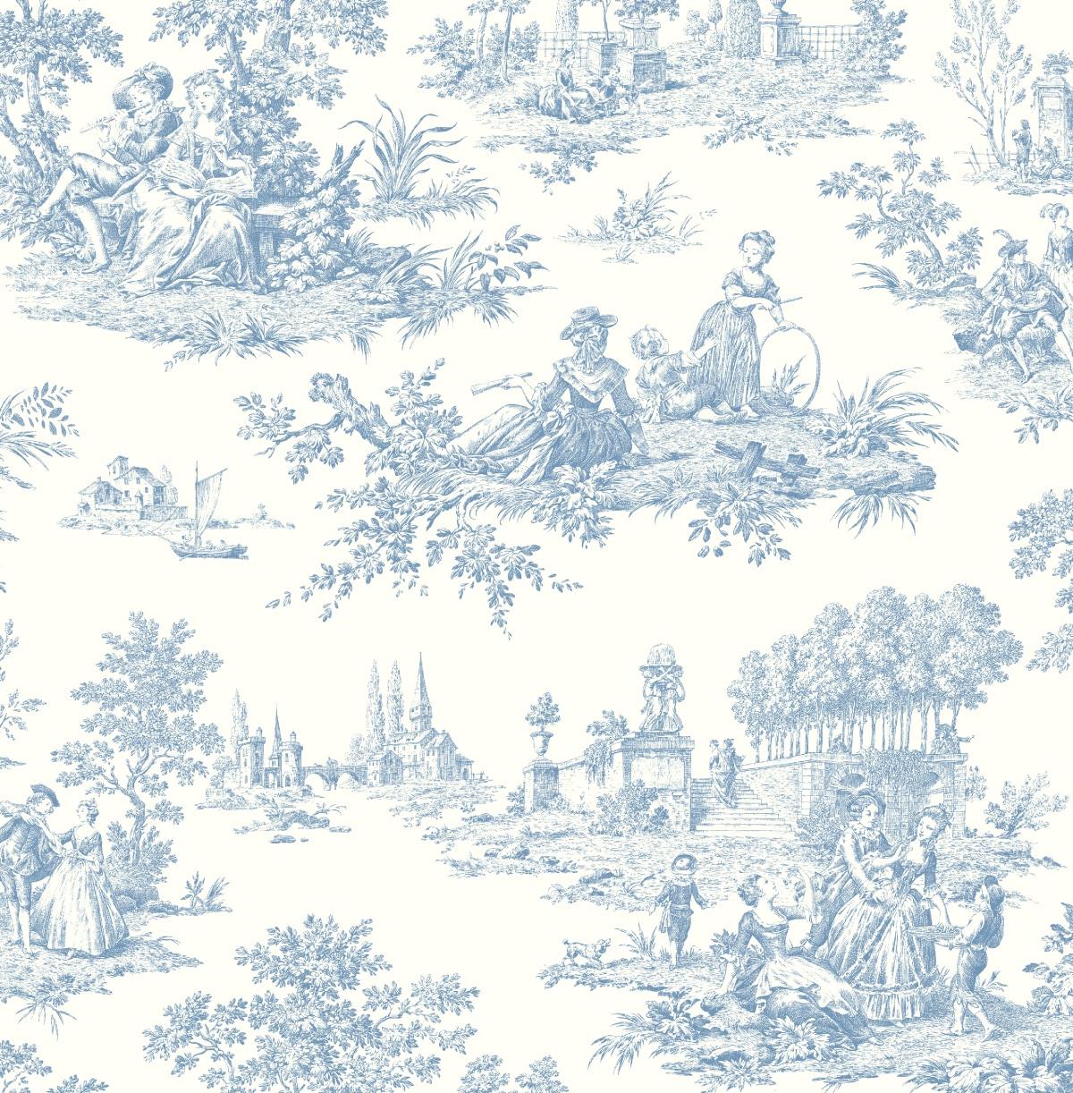 NextWall Chateau Toile Peel and Stick Wallpaper Blue: Removable Vinyl, Self-Adhesive, Traditional Toile Design, 30.75 Sq Ft Coverage