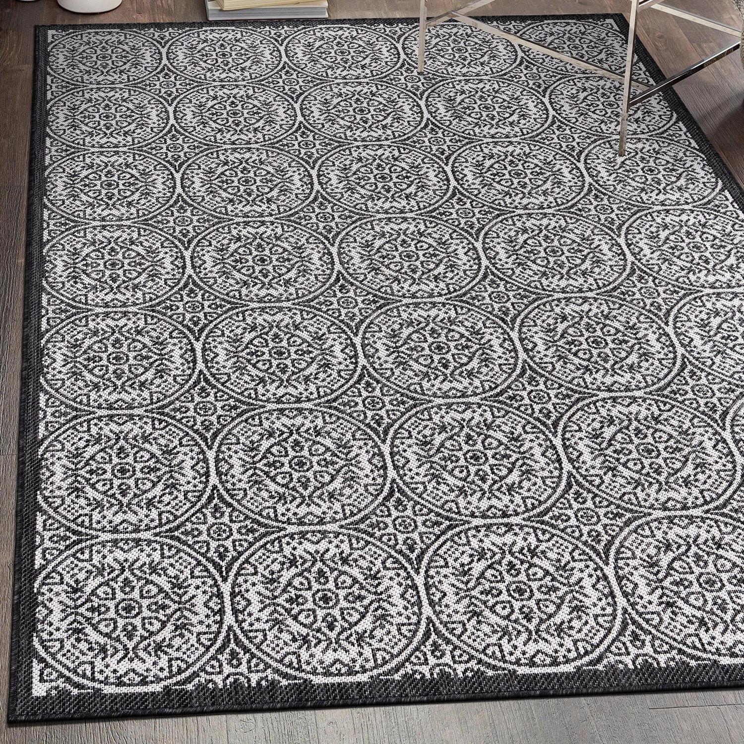 World Rug Gallery Transitional Floral Circles Textured Flat Weave Indoor/Outdoor Area Rug - BLACK 7'10"X10'