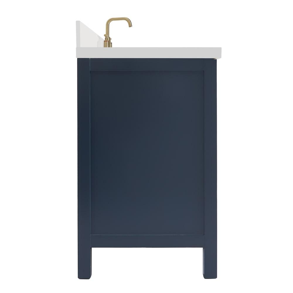 ARIEL Cambridge 43 Inch Midnight Blue Bathroom Vanity with Single Sink, Solid Wood, White Quartz Countertop, 1.5-Inch Edge, Right Rectangular Undermount Sink, 2 Soft Closing Doors, 5 Drawers