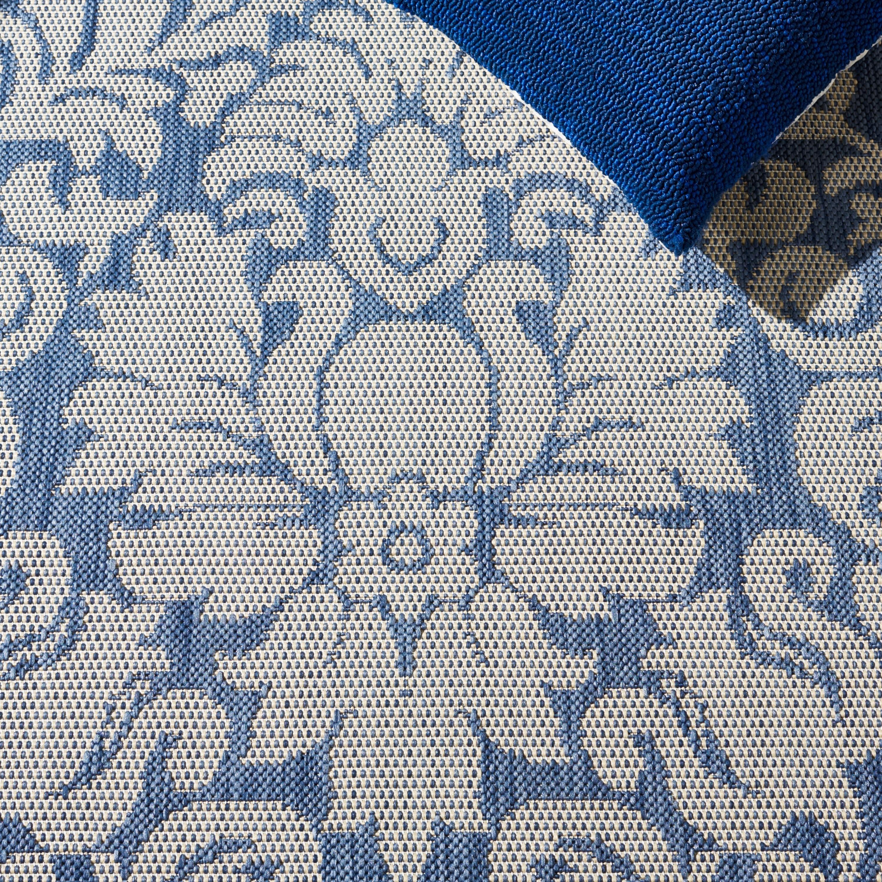 SAFAVIEH Courtyard Dani Damask Bordered Indoor/Outdoor Runner Rug, 2'3" x 12', Blue/Natural
