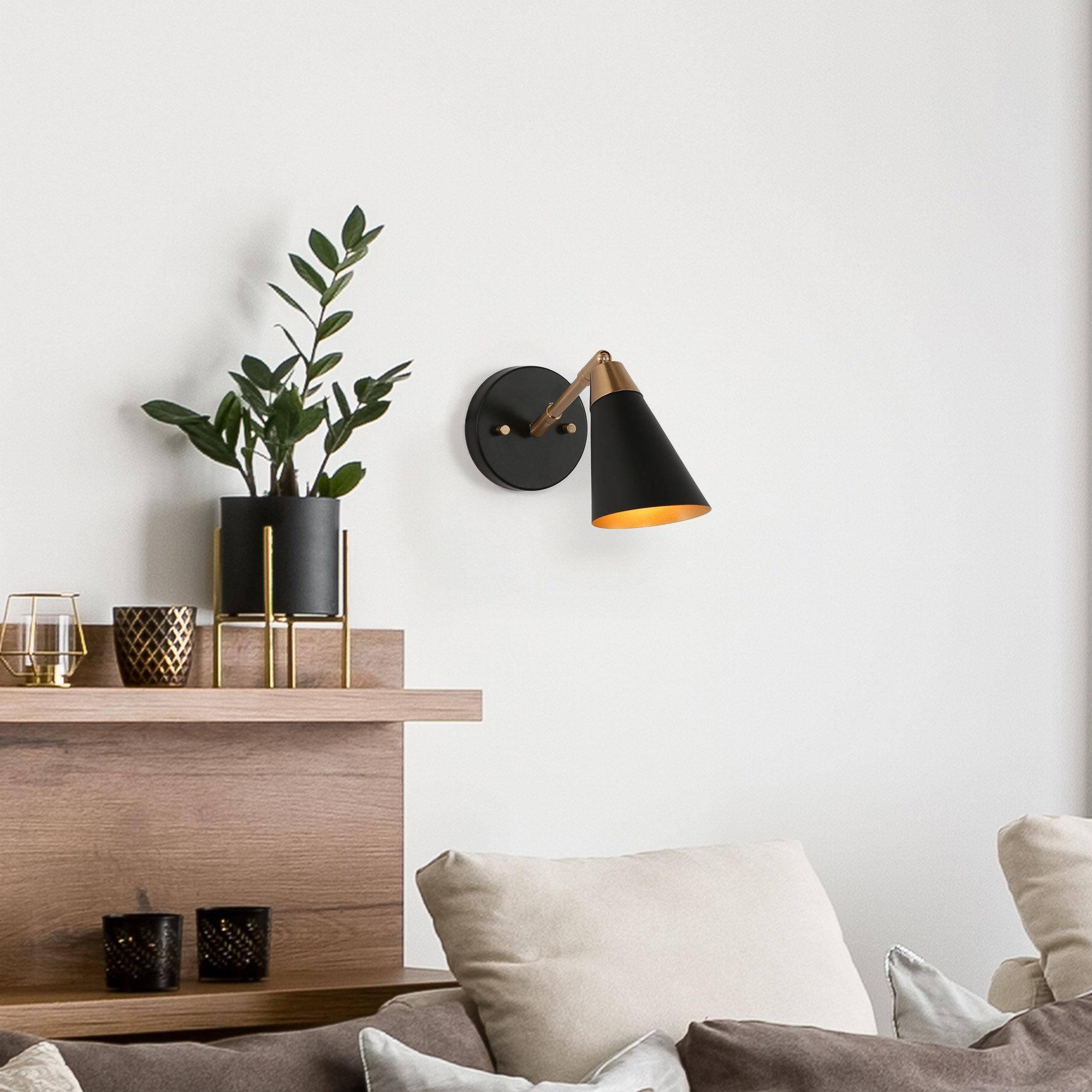 Flumie 1-Light Industrial Black Indoor Wall Sconce Modern Brass Vanity Light Adjustable Head with Cone Metal Shade