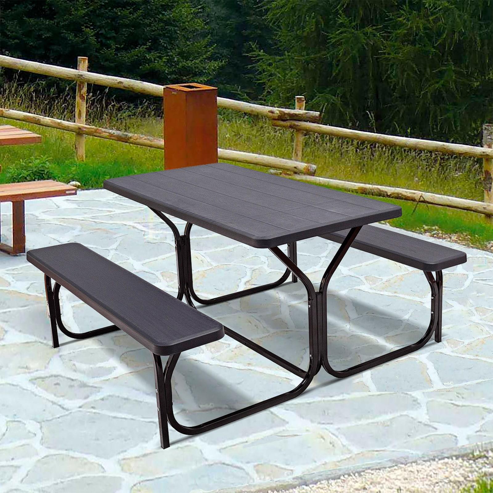 Kepooman Picnic Table, Camping Table, HDPE Outdoor Picnic Table Bench Set with Metal Base-Black