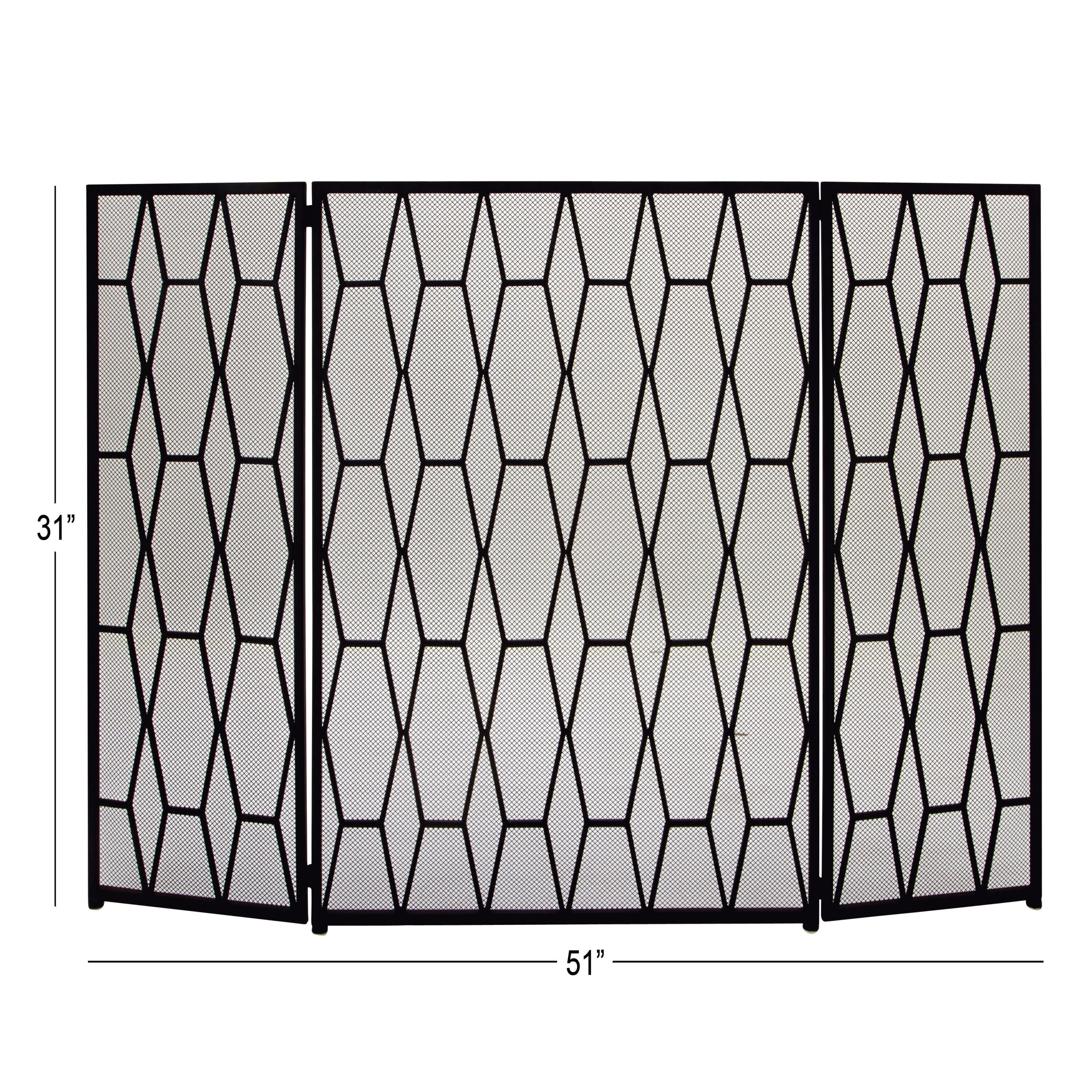 DecMode 51" x 31" Black Metal Foldable 3 Panel Geometric Fireplace Screen with Mesh Netting, 1-Piece
