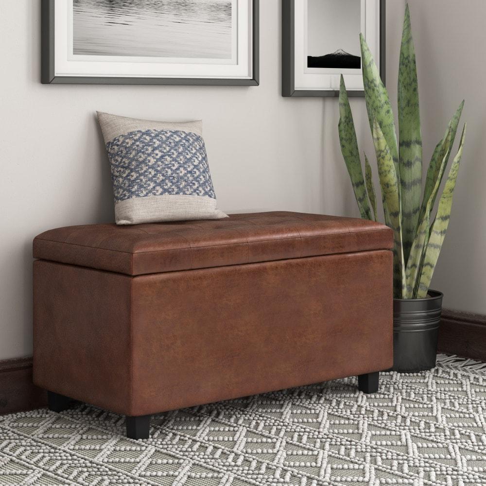 Simpli Home Cosmopolitan 34"W Upholstered Storage Ottoman with Tufted Design and Large Interior Storage