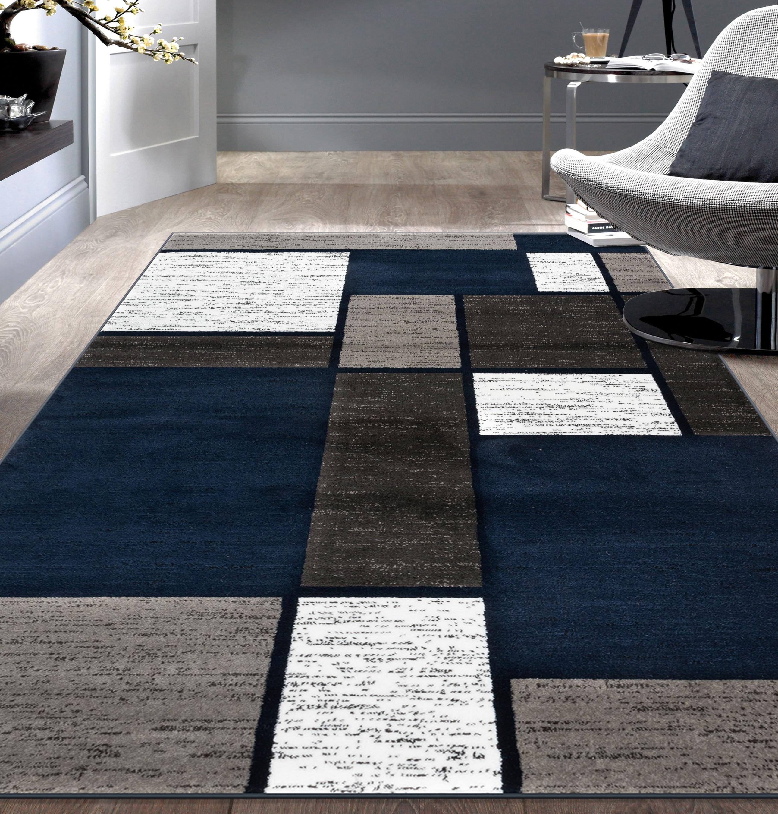 World Rug Gallery Contemporary Modern Boxed Color Block Navy 3'3"x5' Area Rug