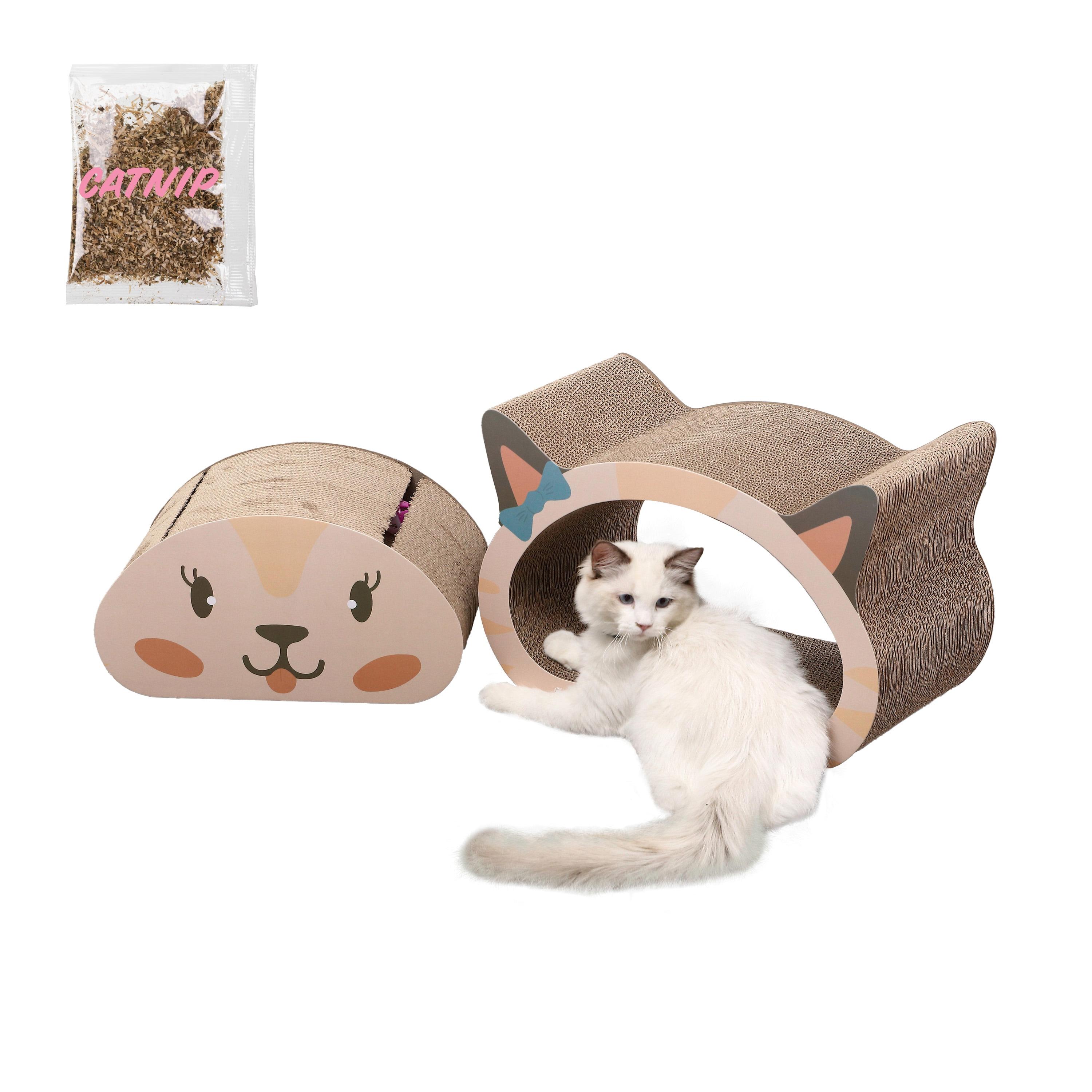 Opal 19" Modern Cardboard Happy Cat Head 2-in-1 Cat Cave Scratcher with Built-In Bell Toys and Catnip, Cream/Peach