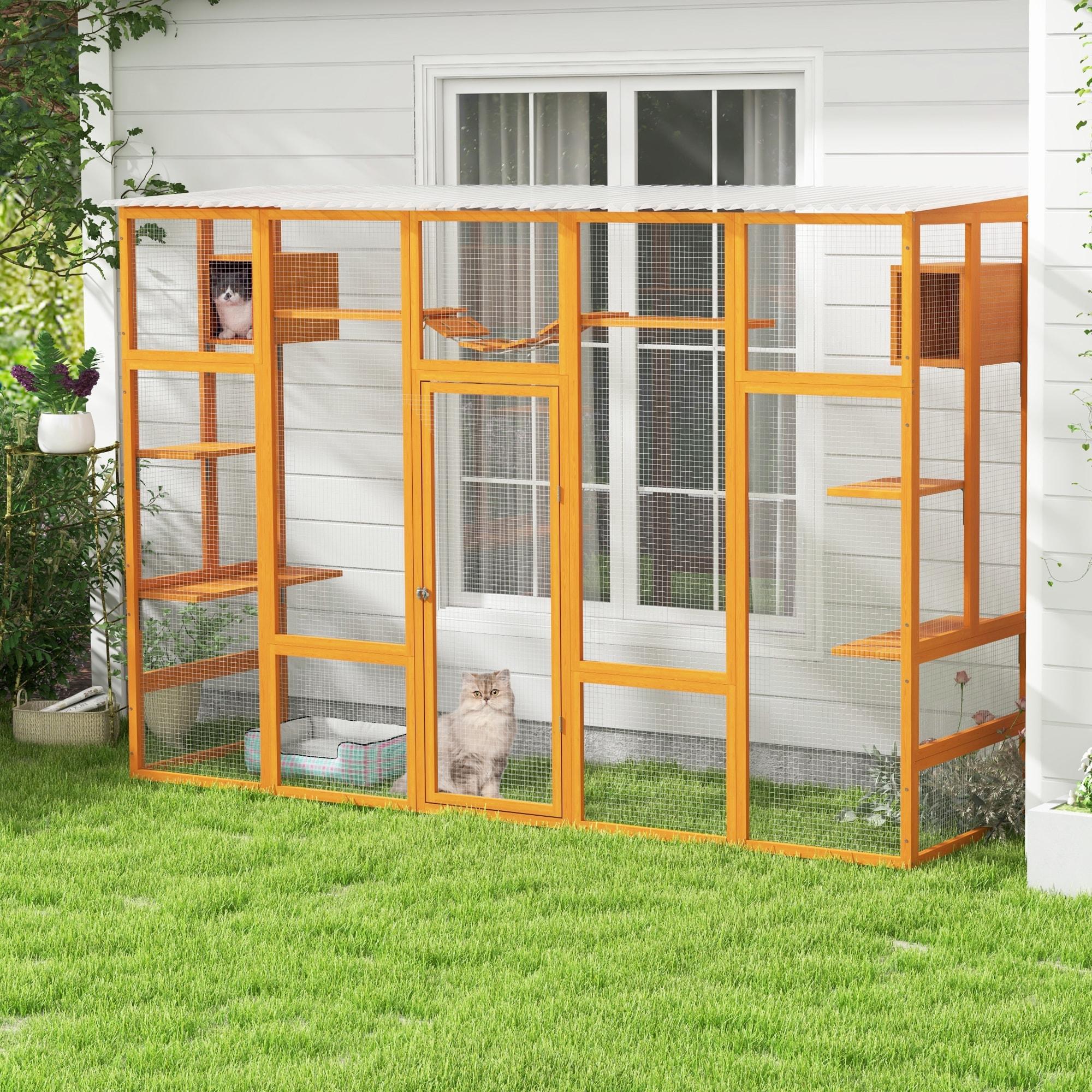 COZIWOW Outdoor Cat Enclosure, Catio Pet Safe House, 104" Extra Large Indoor Window Box with 7 Platforms, Resting Houses, and Walk-In Door, Orange