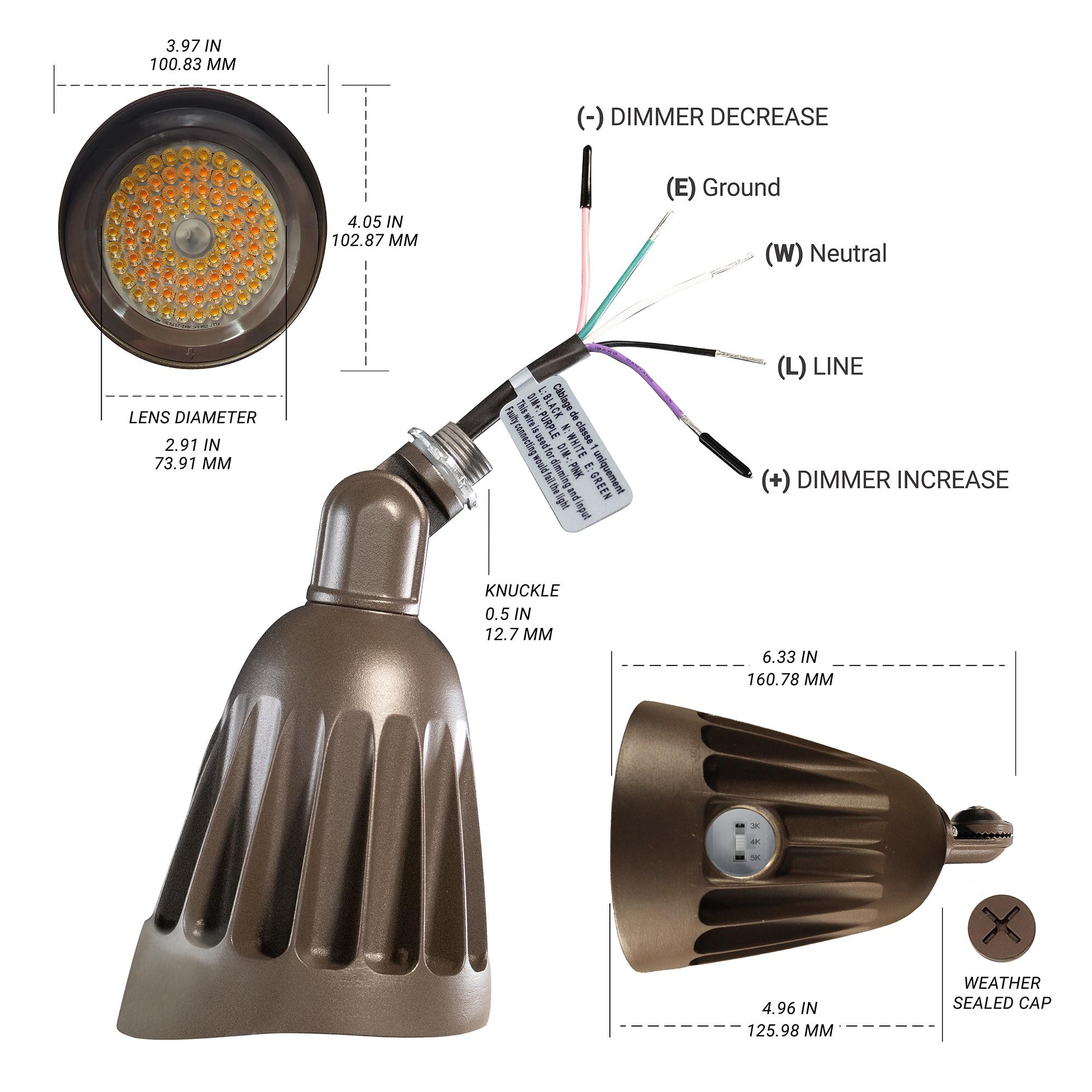 120-277V  LED Outdoor Bullet Landscape Light, 25W, 3CCT, 1/2" Knuckle Mount, IP65 Waterproof