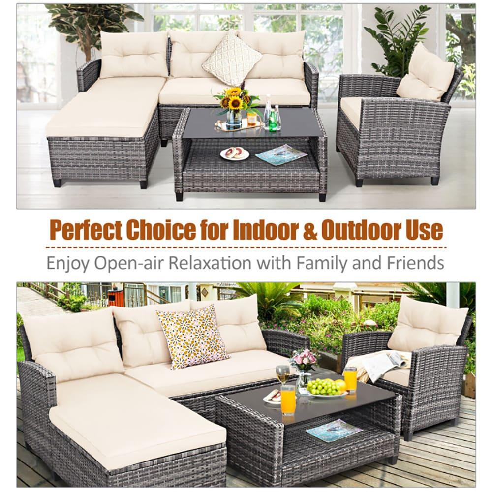 Costway 4PCS Patio Rattan Furniture Set Sofa Ottoman Cushion Garden Deck White