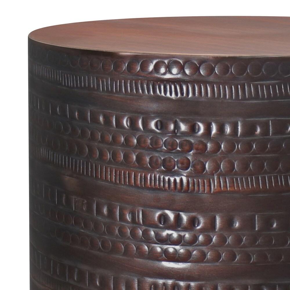 Bungalow Rose Johnsen 15"W Metal Industrial Boho Tribal Pattern Drum End Table with Textured Finish, Assembled